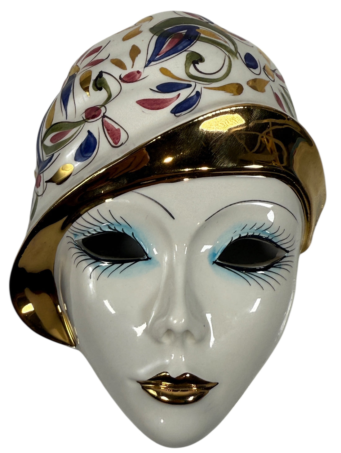 Vintage Italian ceramic wall mask from Modena with hand-painted floral design and gold accents. Authentic mid-century wall décor made in Italy.