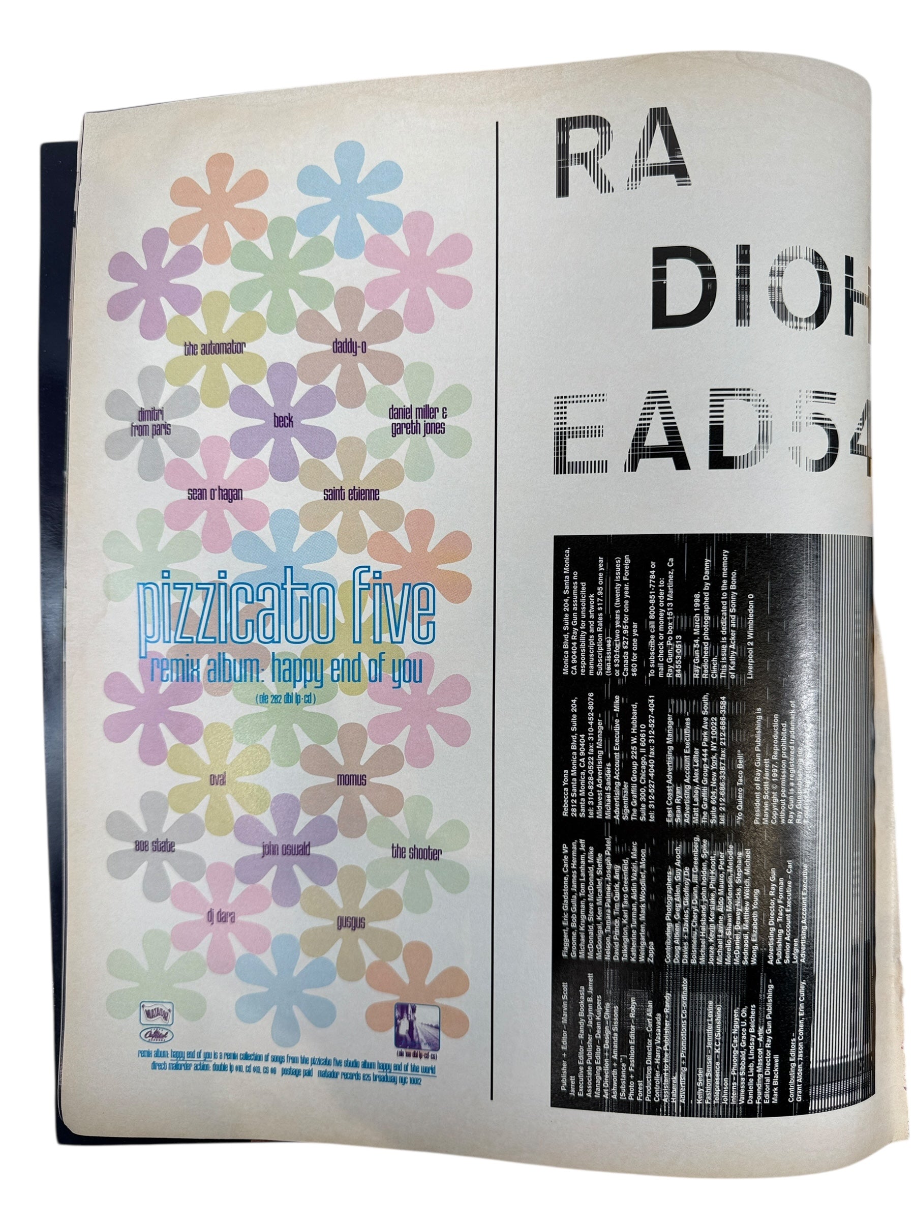 Ray Gun Magazine March 1998 Issue 54 with Radiohead cover. Iconic 1990s design and music culture collectible in good vintage condition.