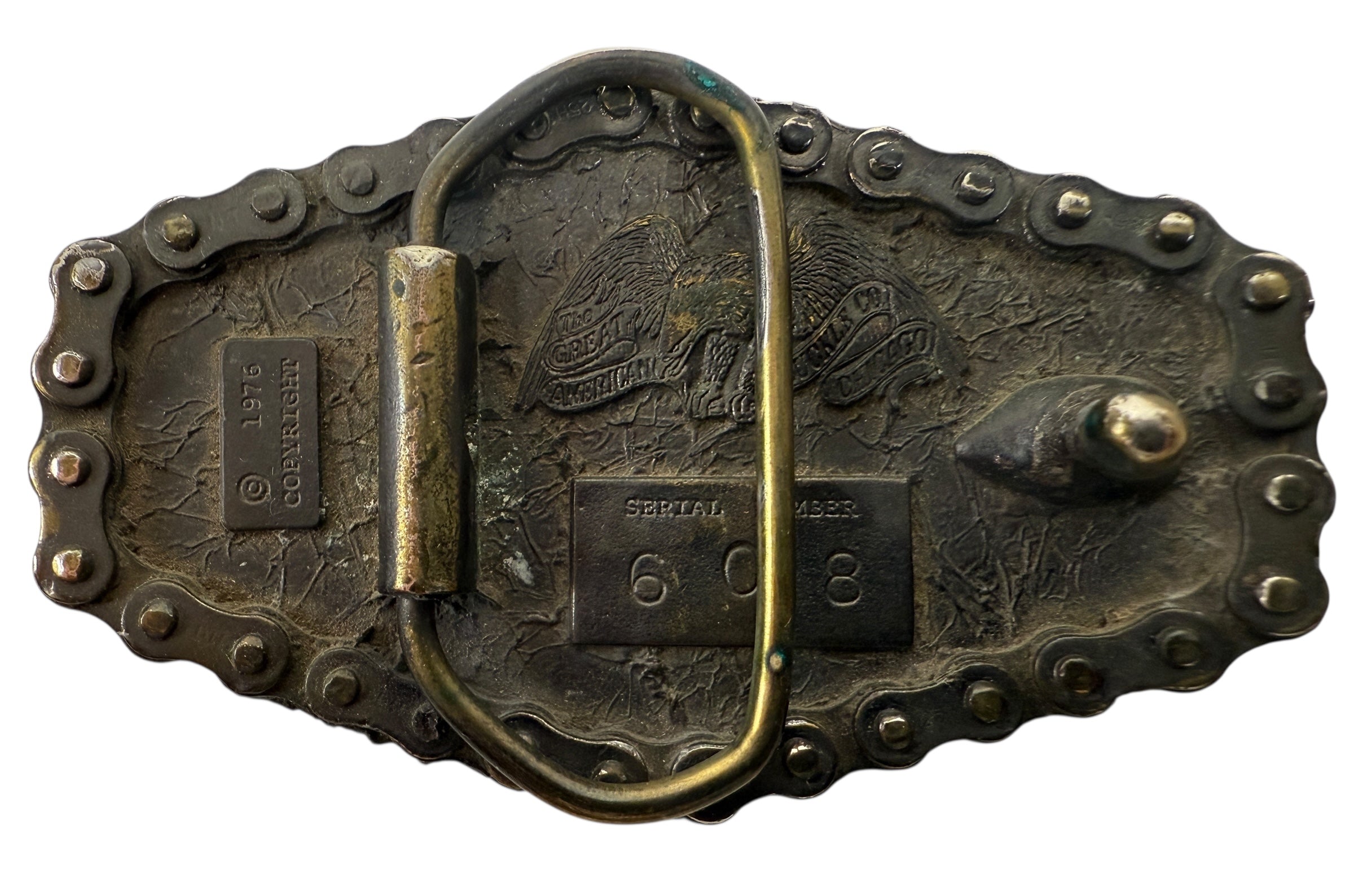 Vintage 1976 Honda motorcycle belt buckle by Great American Buckle Co. USA-made with real chain edge, authentic biker collectible.