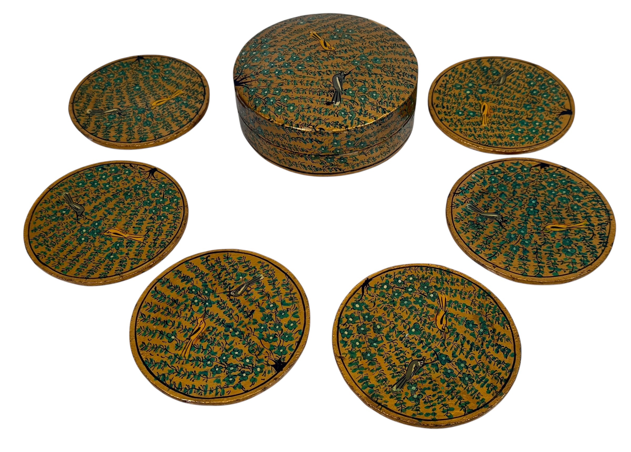 Vintage Kashmiri papier-mâché box with six matching coasters, hand-painted floral and bird design, traditional Indian folk art decor.