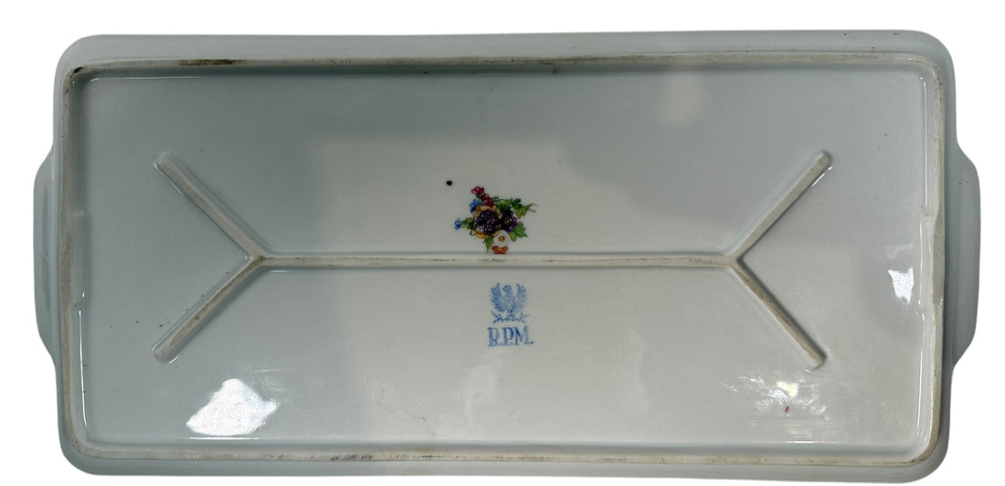 Vintage German porcelain serving tray by R.P.M. with ornate gold gilt and floral décor. Mid-century elegance for tea service or display.