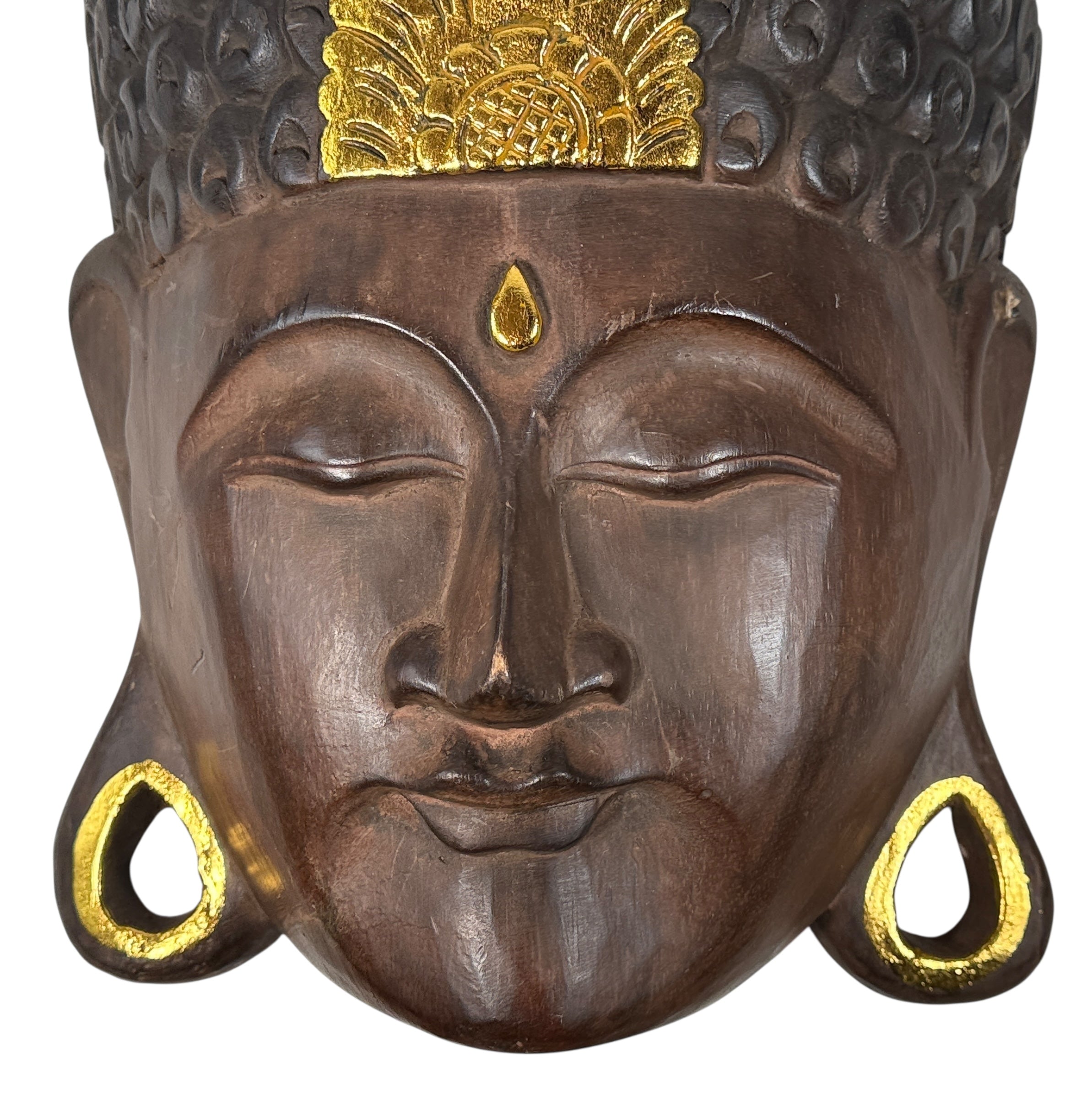 Large hand-carved wooden Buddha wall mask with gold accents, 20 inches tall. Southeast Asian decorative carving, hollow-back wall mount.