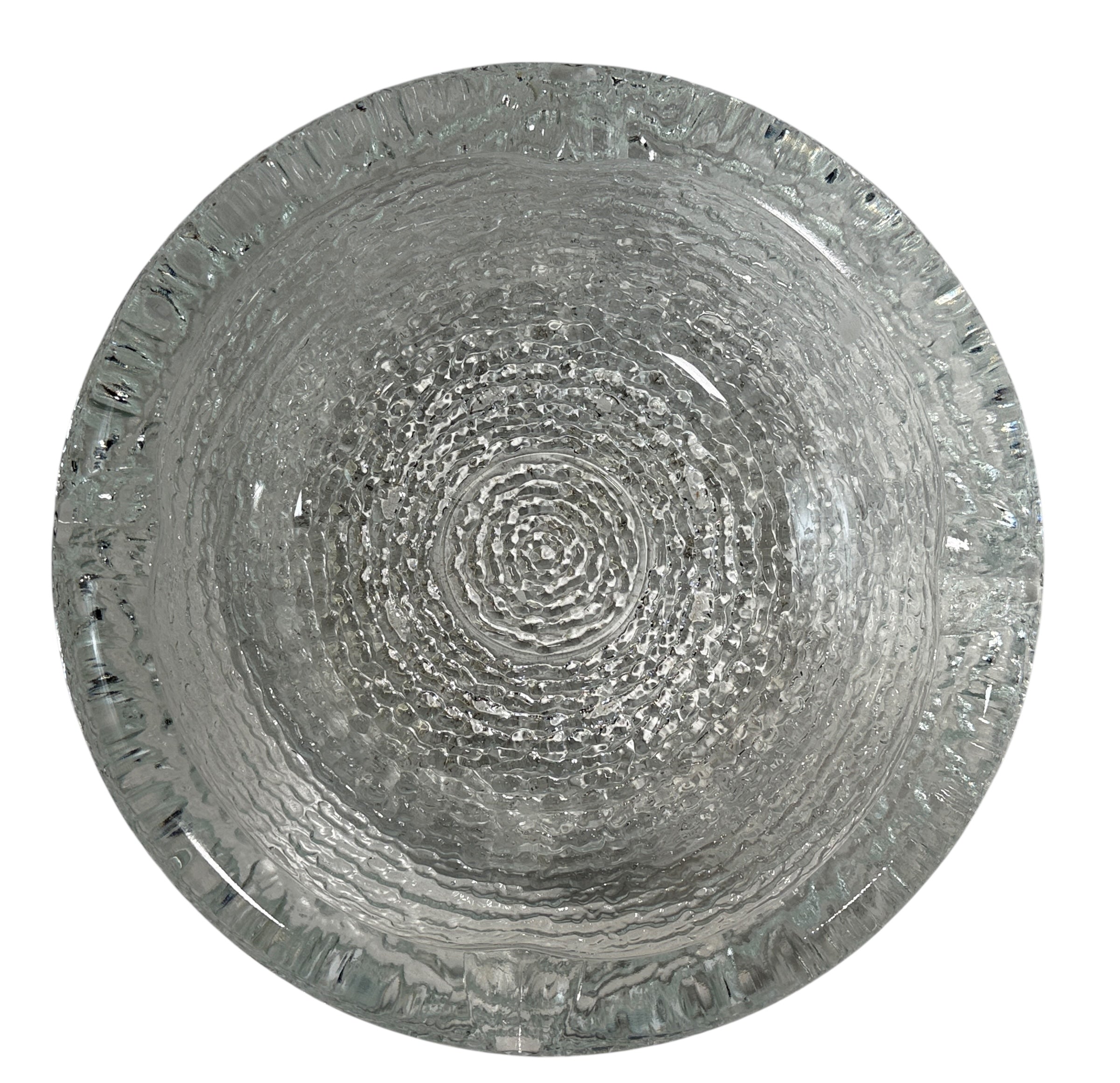 Vintage Iittala Ultima Thule glass ashtray by Tapio Wirkkala, 8 inch diameter. Iconic Finnish modernist pressed glass design.