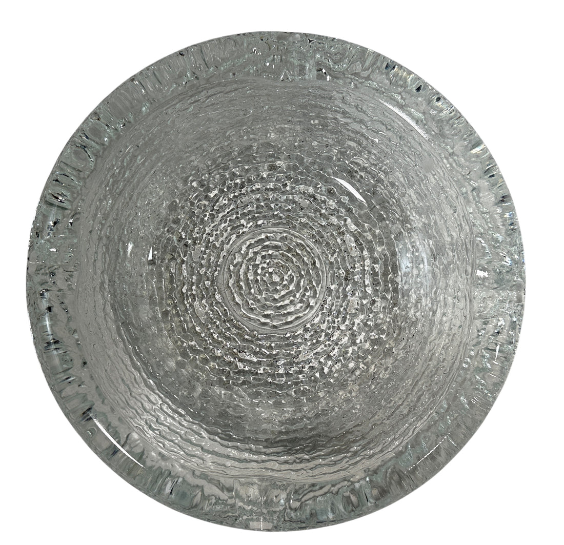 Vintage Iittala Ultima Thule glass ashtray by Tapio Wirkkala, 8 inch diameter. Iconic Finnish modernist pressed glass design.