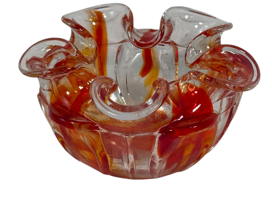 Vintage Murano-style Italian sommerso art glass bowl with red and amber encased glass and folded rim. Hand-blown decorative bowl, 6 inches wide.