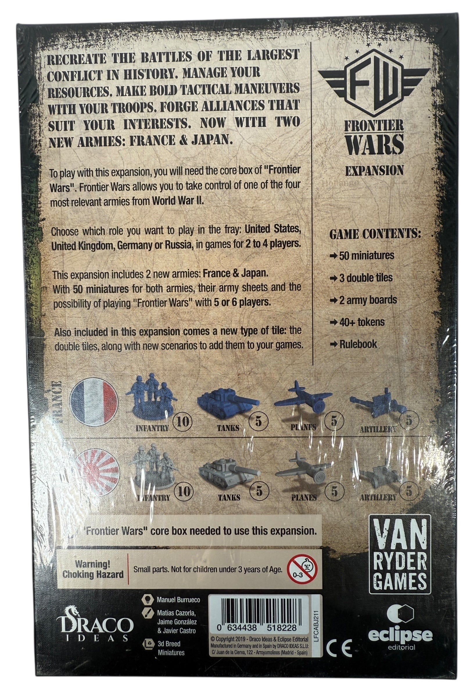 Sealed Frontier Wars Expansion adds France &amp; Japan armies, 50 miniatures, new tiles and scenarios. Requires core game. WWII strategy board game.