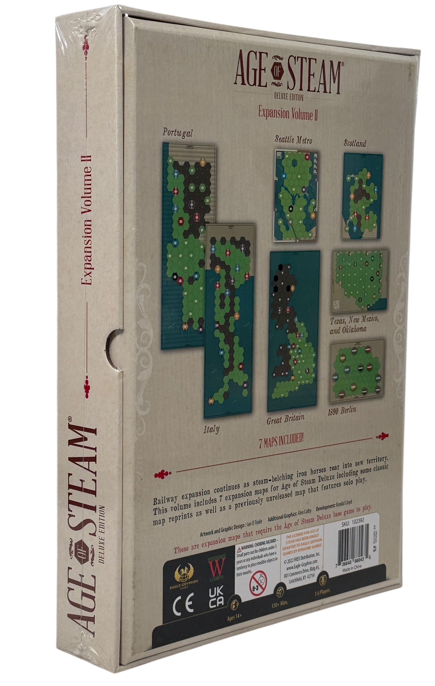 Sealed Age of Steam Deluxe Expansion Volume II with 7 maps including solo play. Essential expansion for fans of the classic railway strategy game.