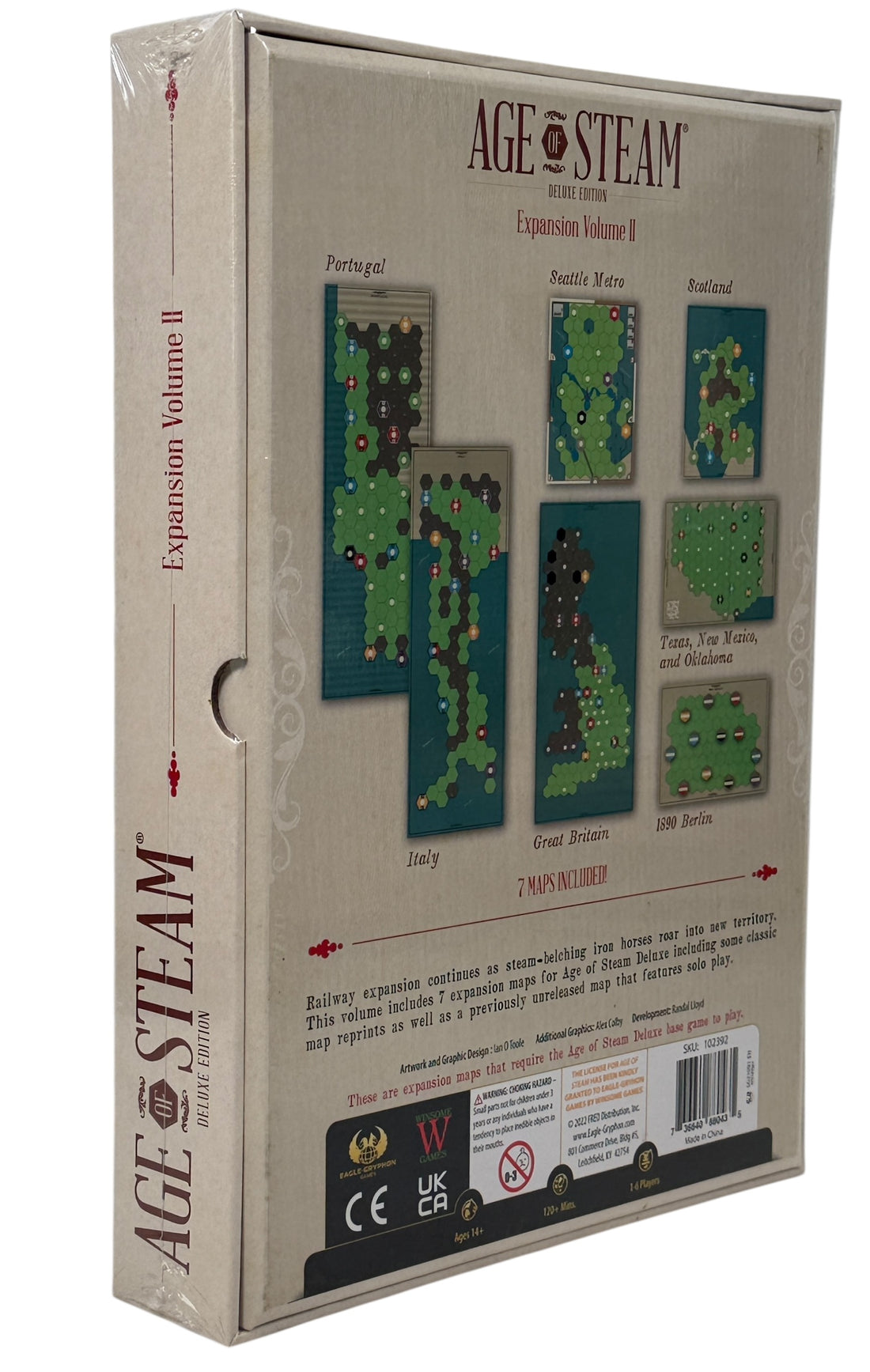 Sealed Age of Steam Deluxe Expansion Volume II with 7 maps including solo play. Essential expansion for fans of the classic railway strategy game.