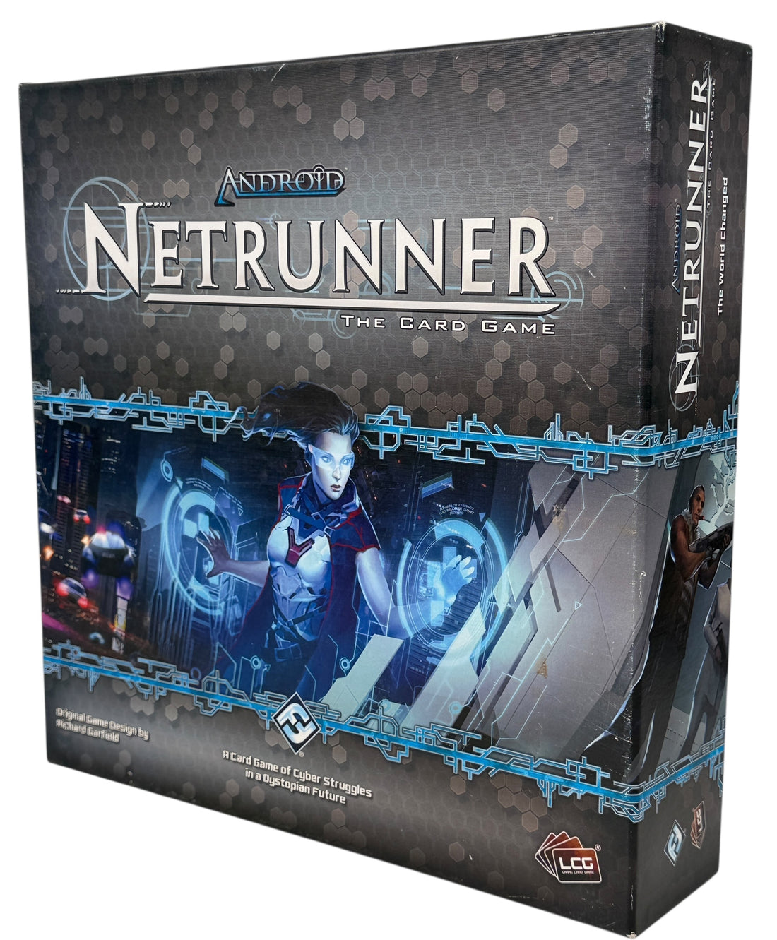 Out-of-print Android Netrunner Core Set by Fantasy Flight Games. Complete with sealed cards and unused tokens. Collector-grade cyberpunk card game.