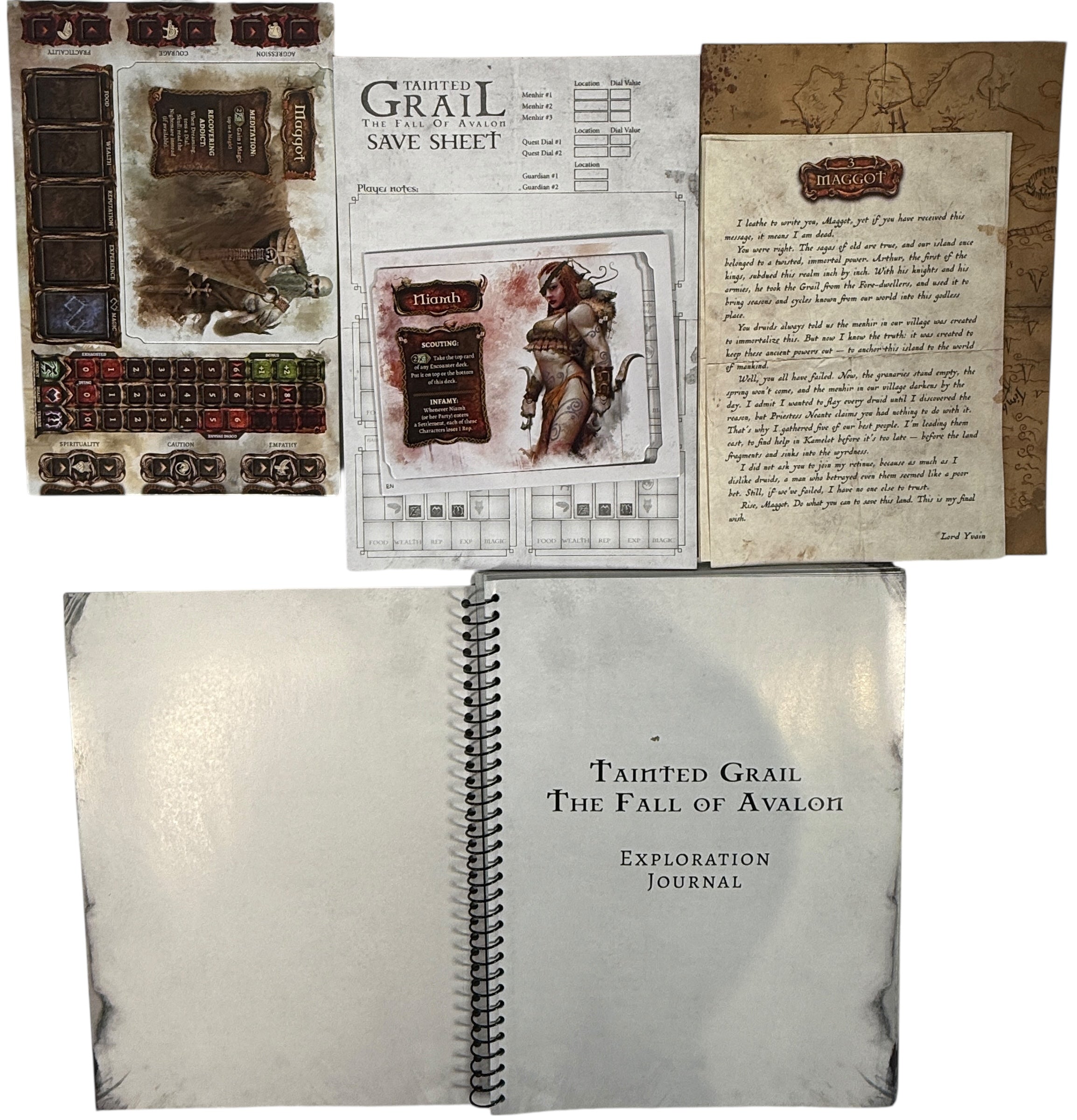 Story-rich fantasy board game Tainted Grail The Fall of Avalon. Complete core set with minis, cards, and journal. Epic campaign adventure.