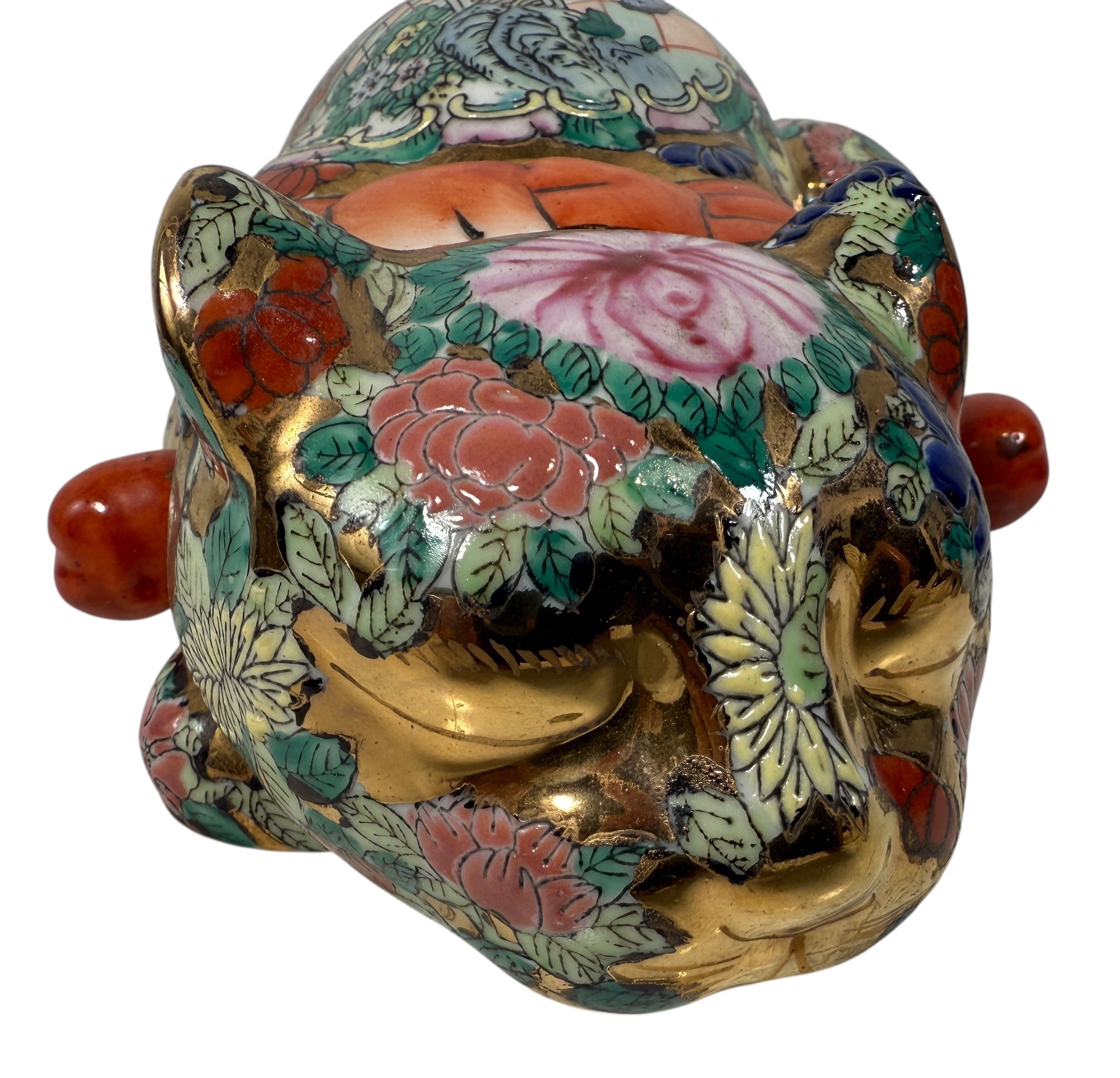 Large hand-painted Asian porcelain sleeping cat with floral décor and gold gilt. Mid-century Chinese export statement décor piece.