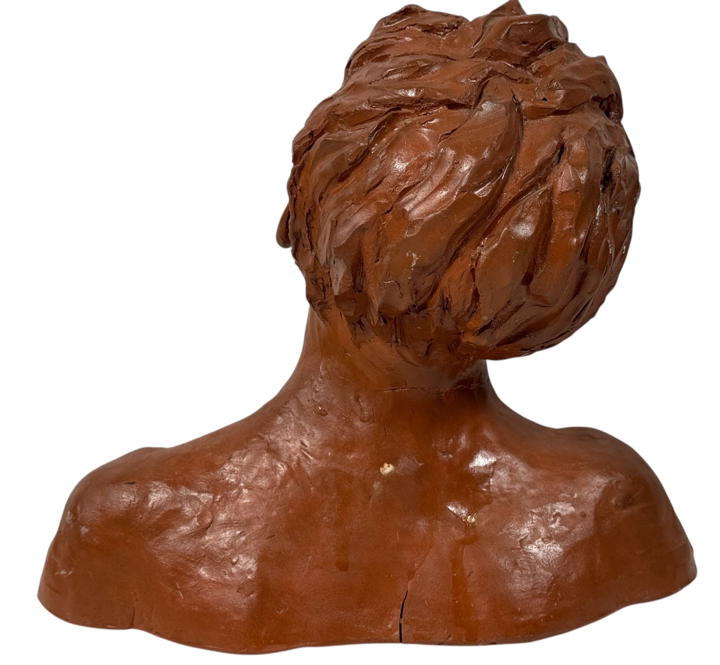 Original terracotta bust sculpture Moments de grâce by Ginette Dufour. Canadian contemporary figurative art with expressive detail and gallery presence.