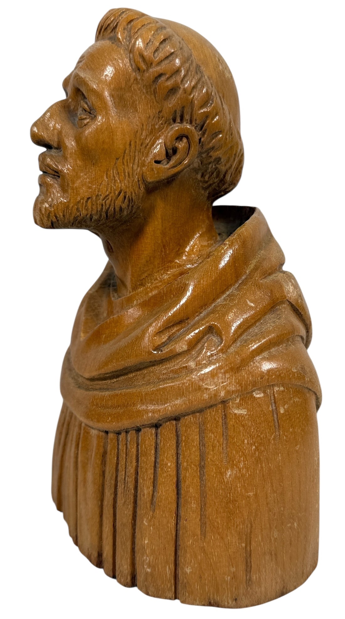 Hand-carved mid-century wood monk bust. Vintage religious décor from Europe. Warm handcrafted detail. Ideal for collectors and spiritual home staging.