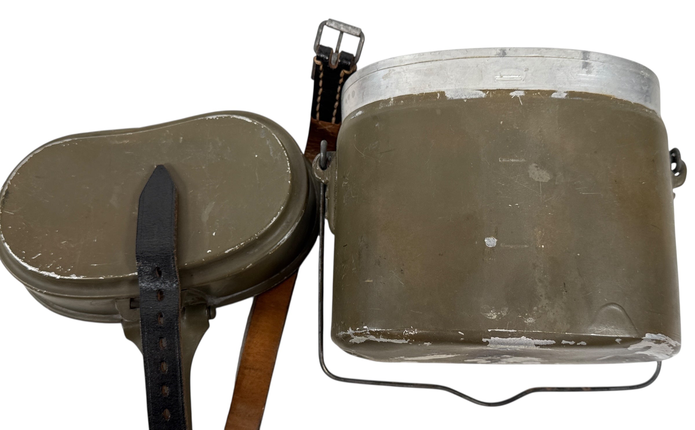 Vintage Swedish Army steel mess kit with original leather strap, WWII era field gear in good condition. Collectible military surplus. Fast shipping from Canada.