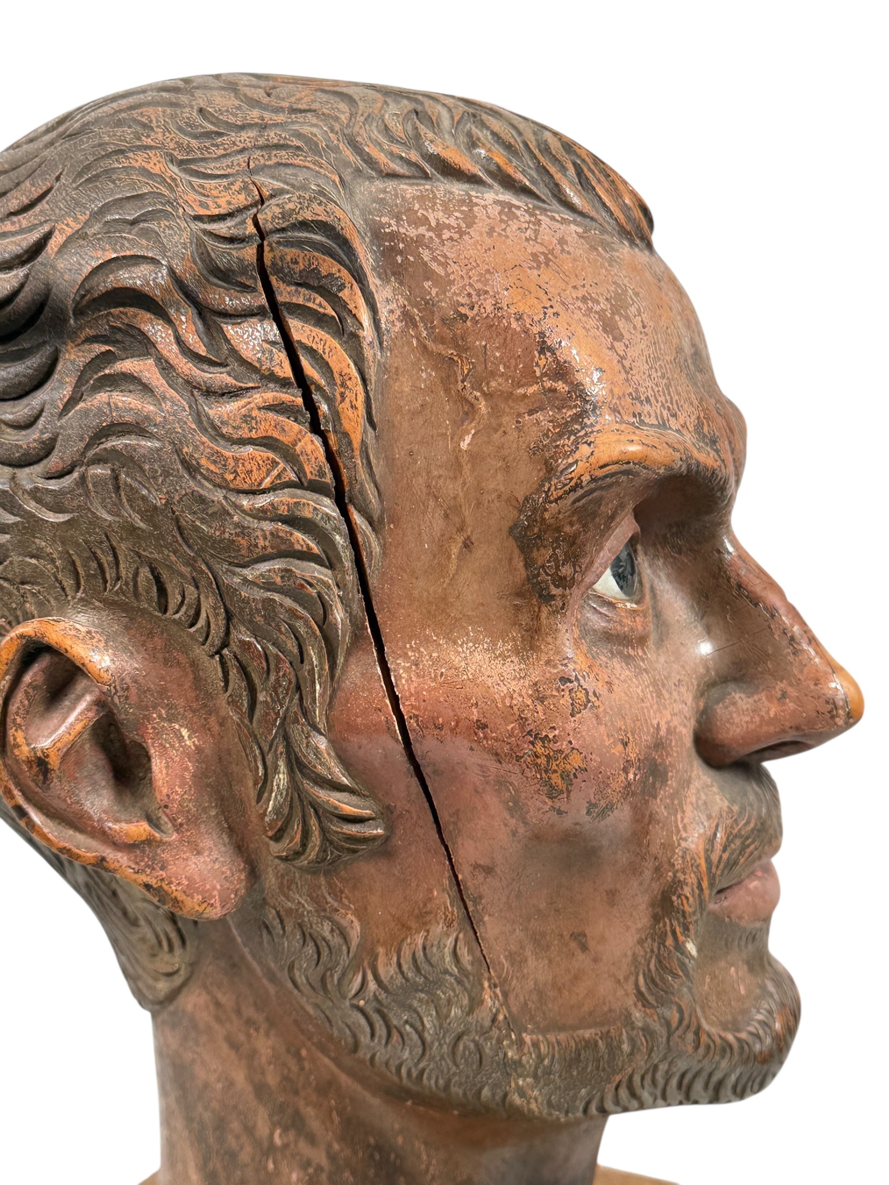 Wood bust of Saint Martin de Porres (1962) with diplomatic provenance from Canadian Ambassador in Peru. Glass eyes, halo, presentation plaque. Rare devotional art.