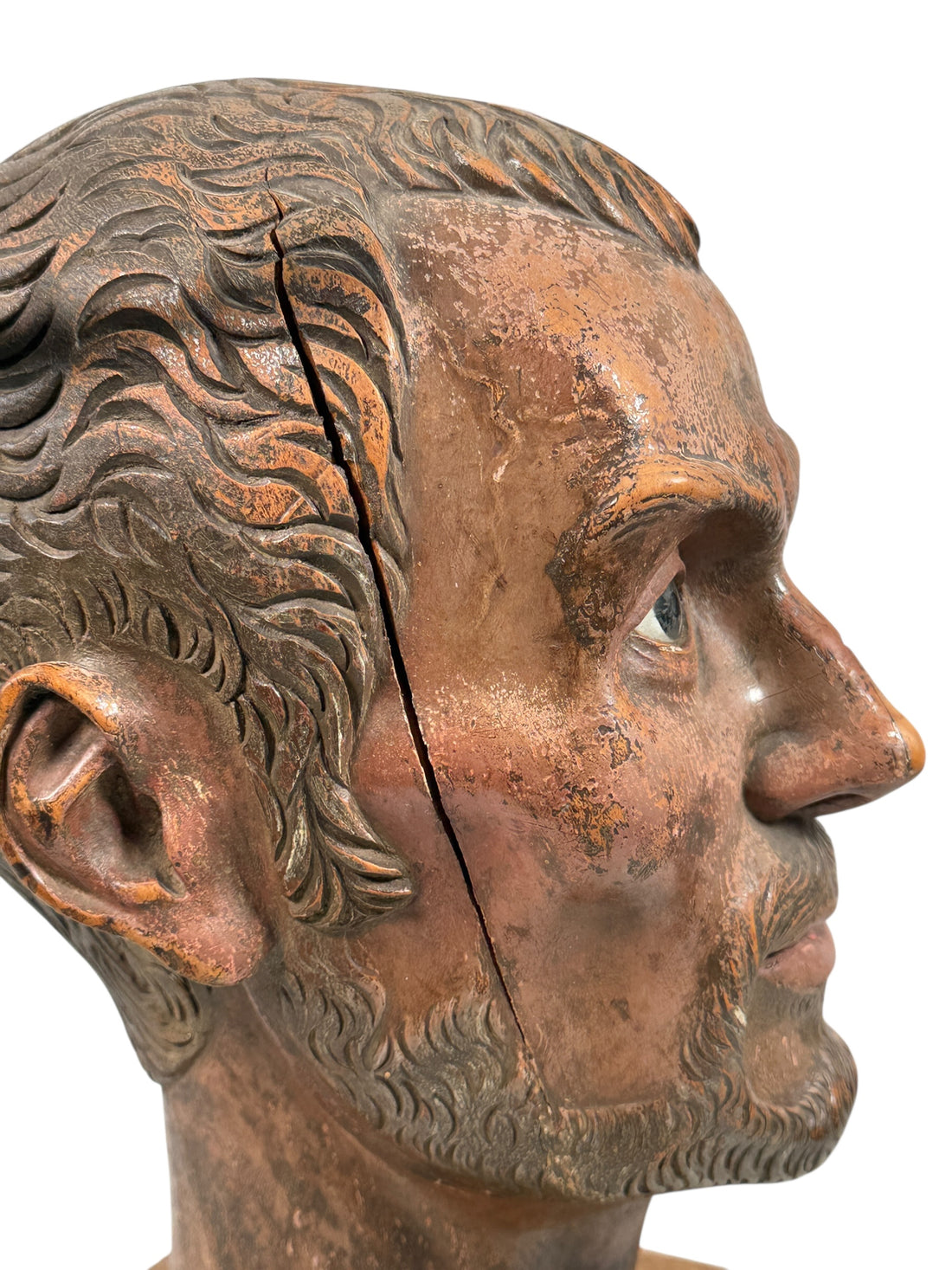 Wood bust of Saint Martin de Porres (1962) with diplomatic provenance from Canadian Ambassador in Peru. Glass eyes, halo, presentation plaque. Rare devotional art.