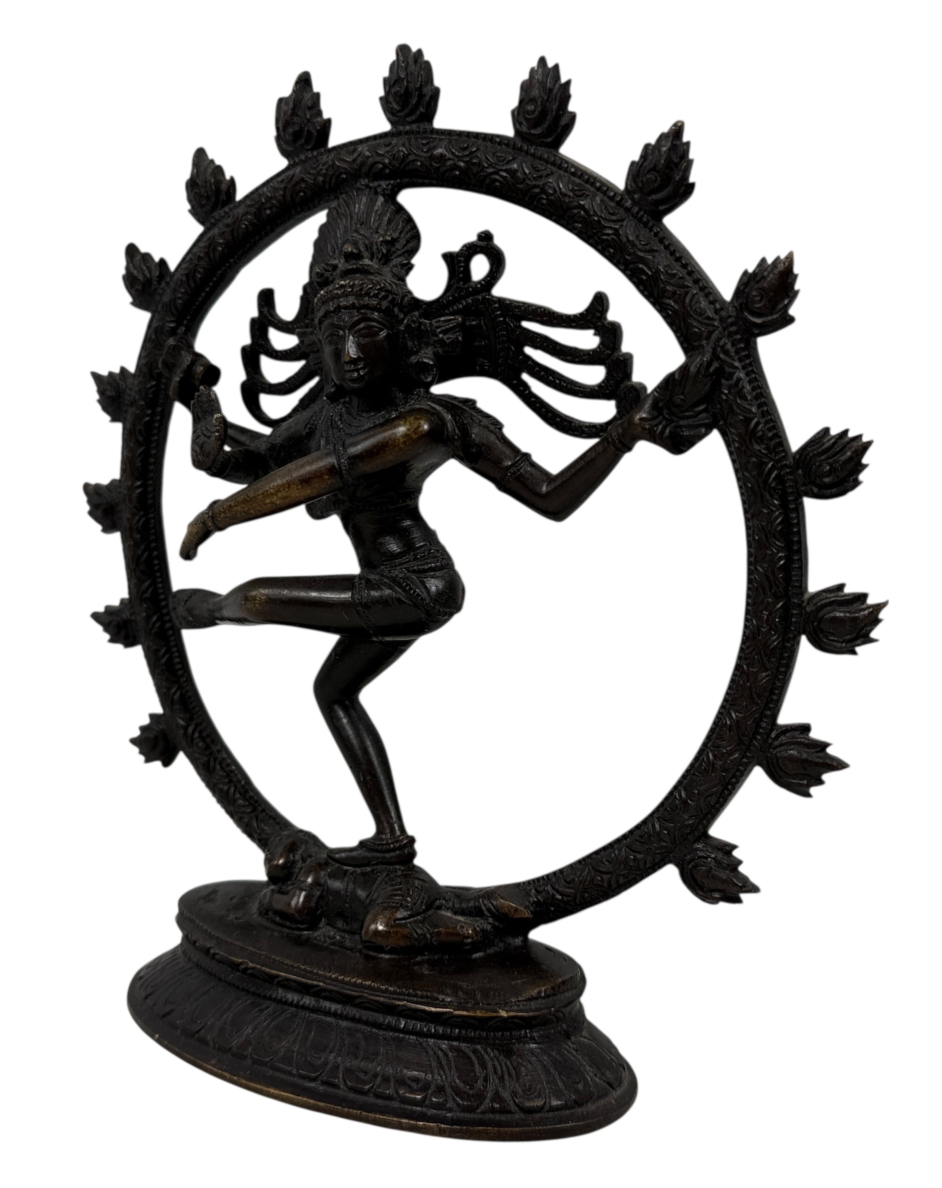 Indian Shiva Nataraja brass statue with cosmic ring of flames. Vintage devotional décor for altar, yoga or meditation spaces. Late 20th century. India.