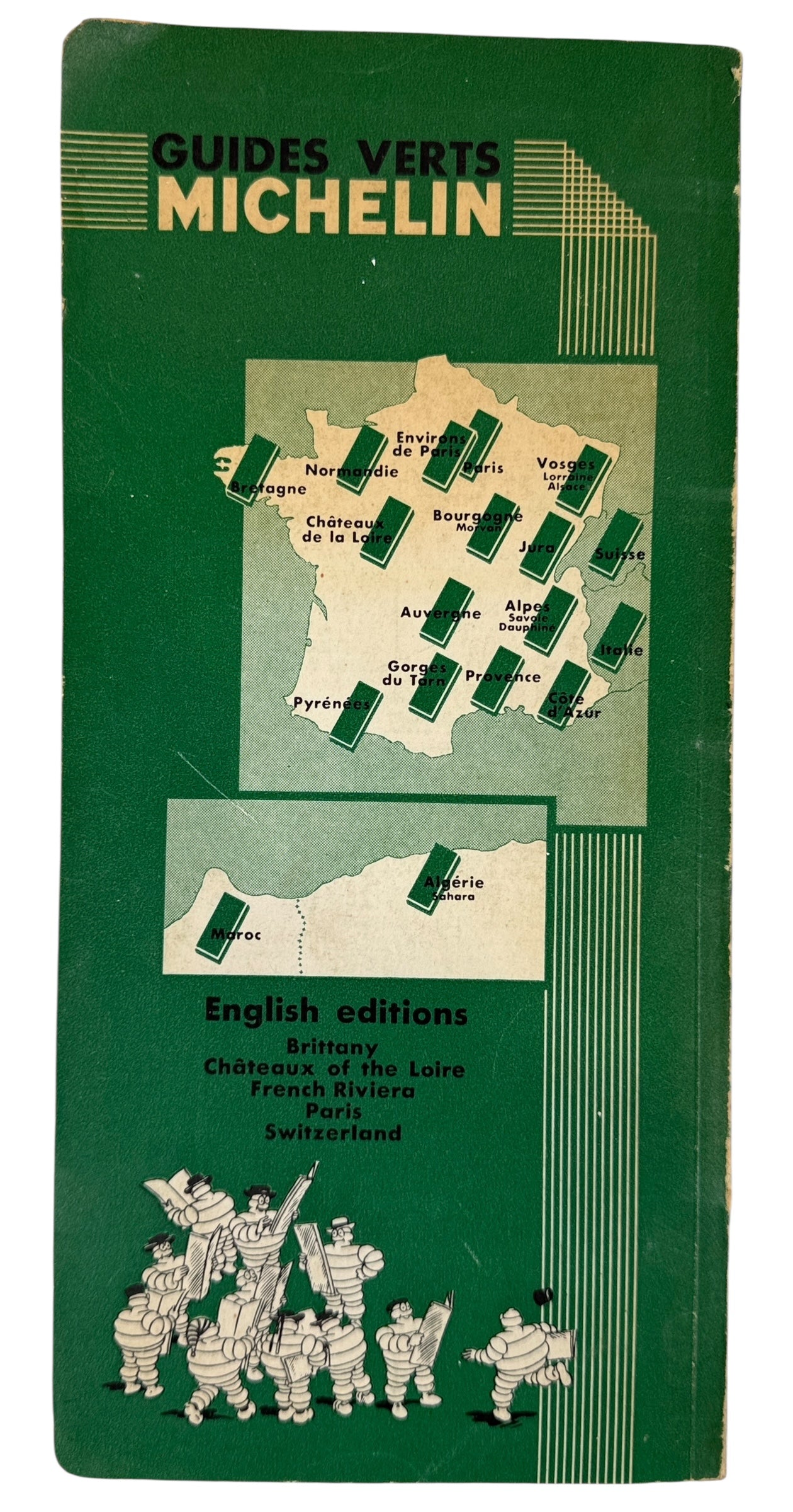 Vintage 1959 Michelin Bretagne Guide Vert, 16th edition with classic Bibendum cover and engravings. Collectible French motoring guide in good condition.