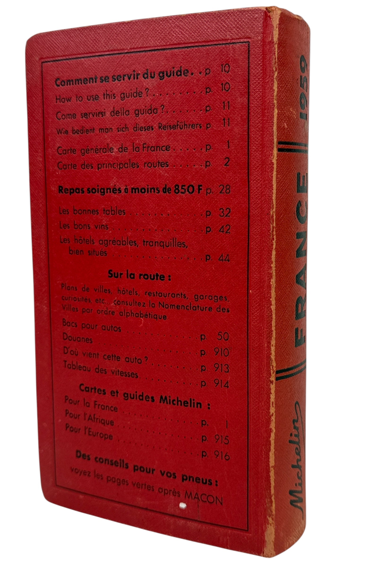 1959 Michelin Guide France red travel and restaurant book. Iconic Bibendum collectible for culinary and automotive history fans. Ships from Canada.