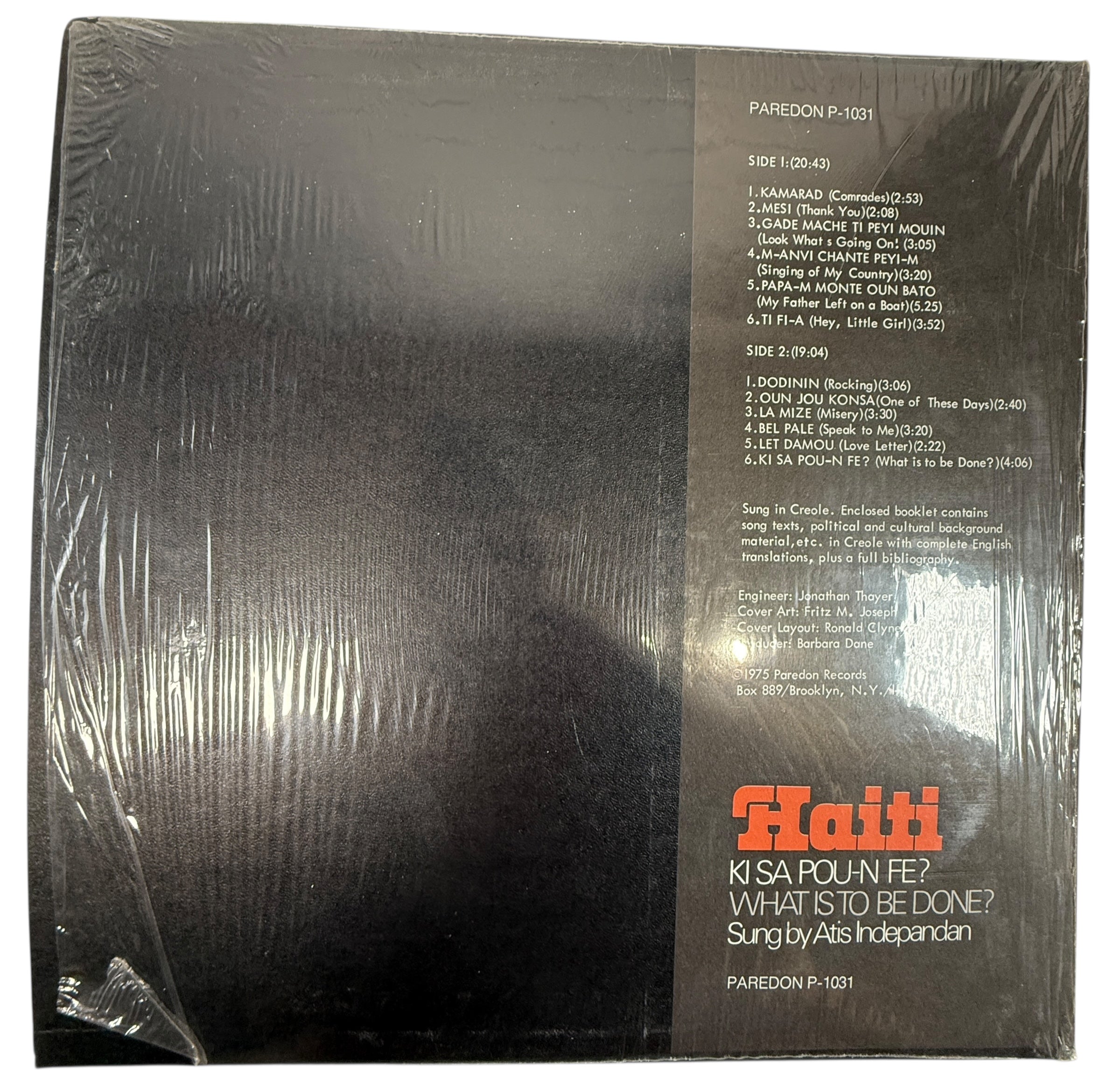 1975 Haitian protest folk LP by Atis Indepandan on Paredon Records with booklet. Creole political songs and translations. Archival NM vinyl in shrink.