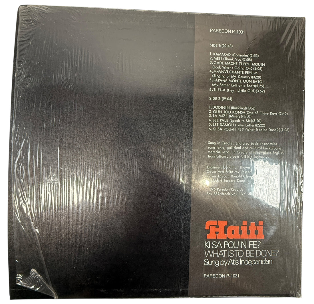 1975 Haitian protest folk LP by Atis Indepandan on Paredon Records with booklet. Creole political songs and translations. Archival NM vinyl in shrink.