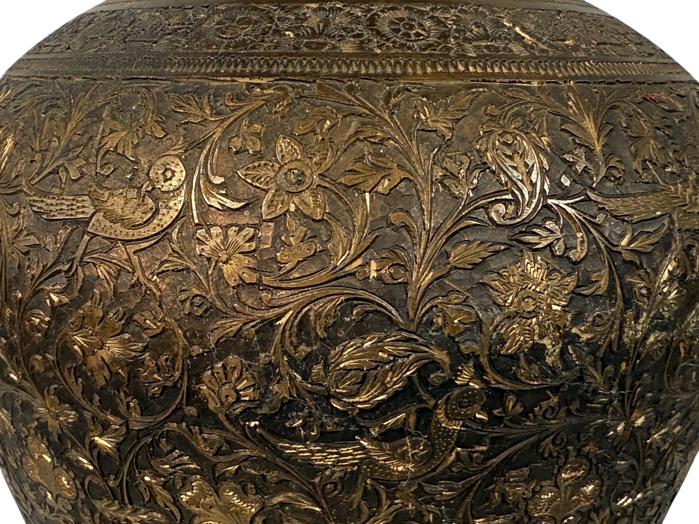 Vintage Indian brass vase with hand-chased bird and floral motifs, 16.5" tall. Mid-century décor with patina. Ships worldwide from Montreal.