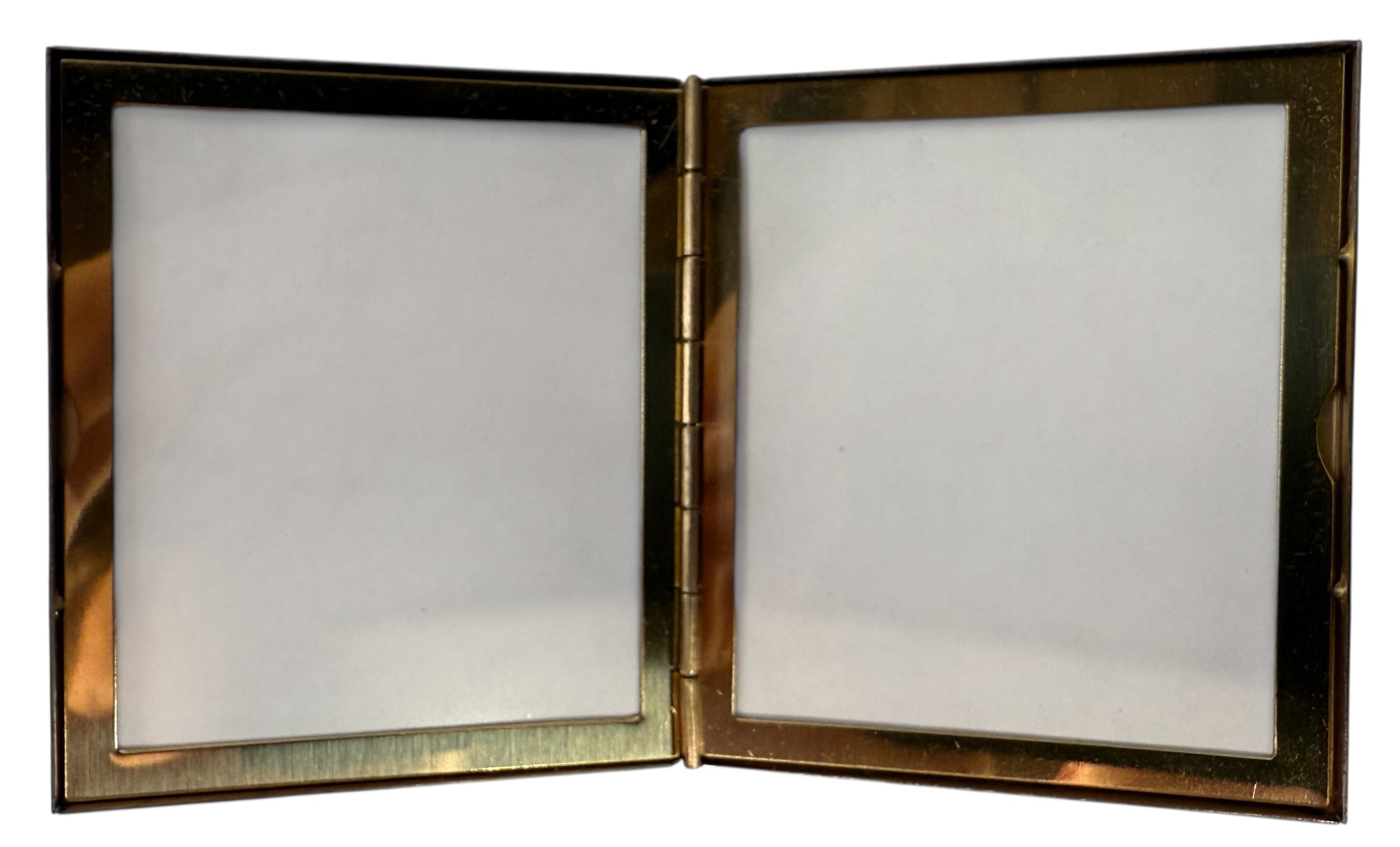 Vintage Whiting &amp; Davis gold-tone mesh double picture frame with original box. Mid-century display piece for vanity or desk. Collectible and giftable.