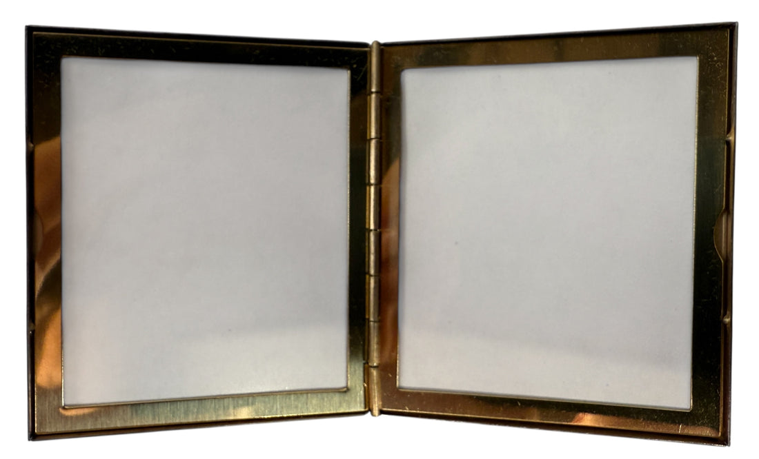 Vintage Whiting &amp; Davis gold-tone mesh double picture frame with original box. Mid-century display piece for vanity or desk. Collectible and giftable.