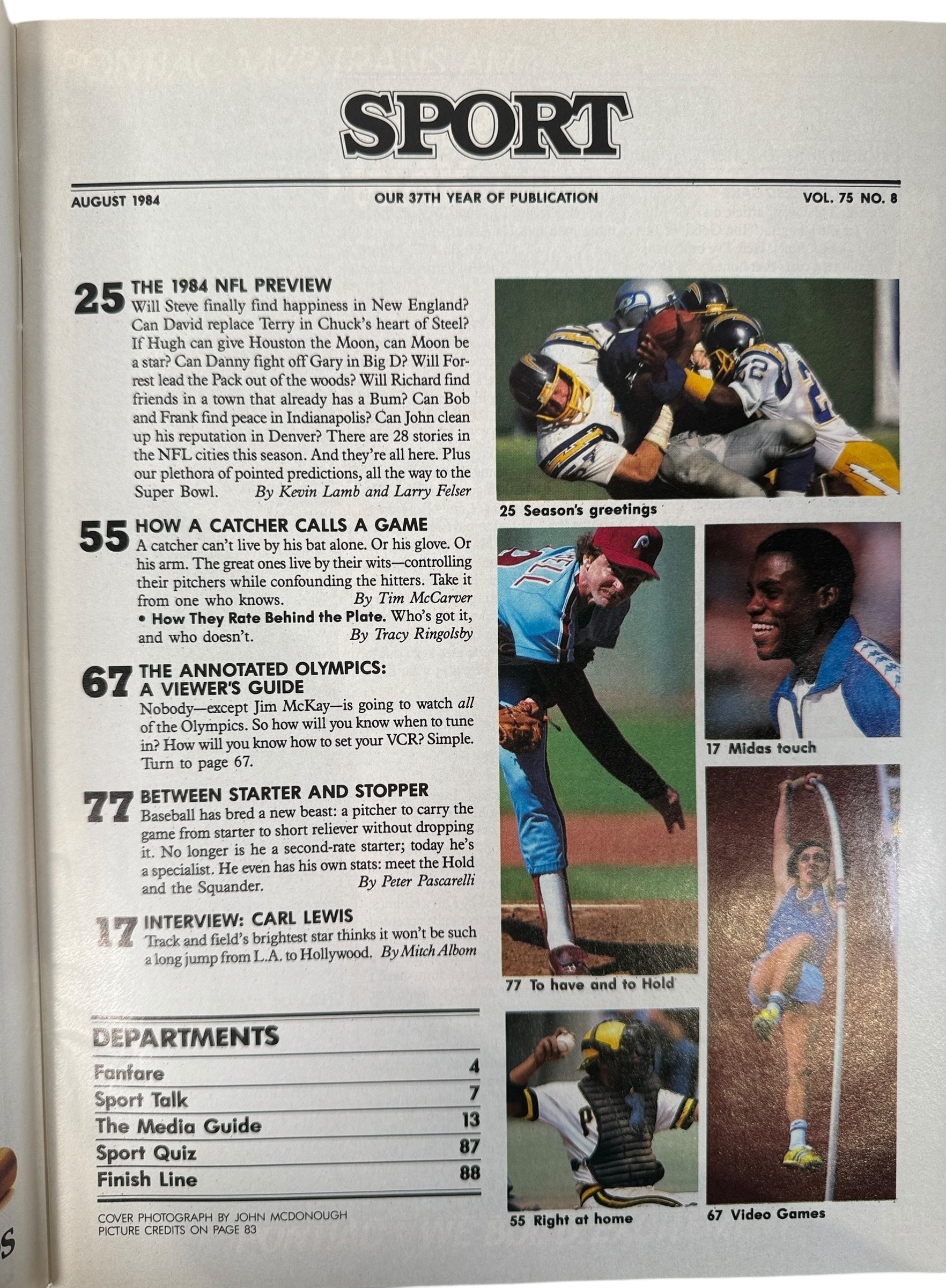 Vintage August 1984 SPORT magazine featuring Eric Dickerson and full NFL season preview with Carl Lewis interview. Clean collectible sports magazine issue.