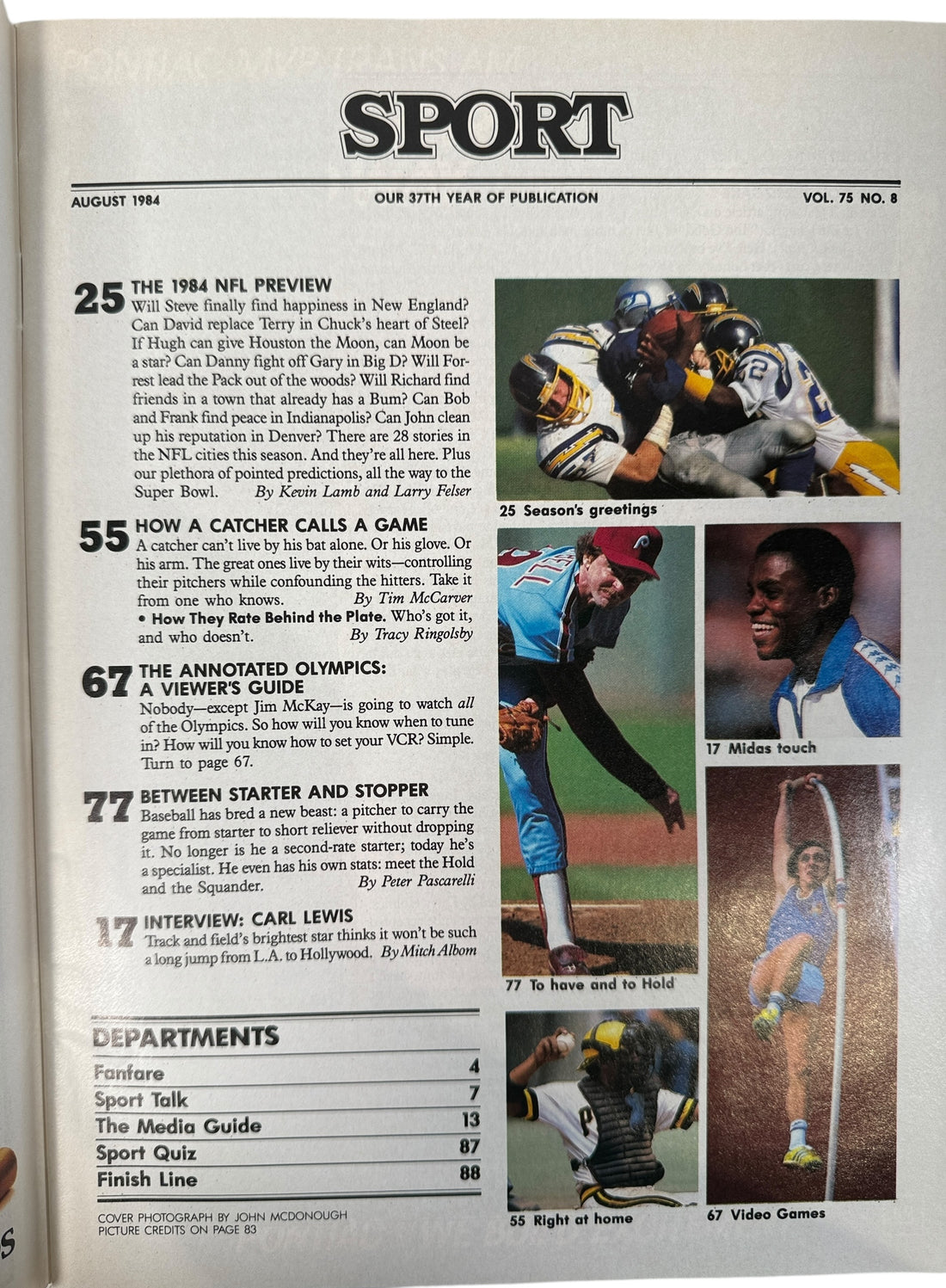 Vintage August 1984 SPORT magazine featuring Eric Dickerson and full NFL season preview with Carl Lewis interview. Clean collectible sports magazine issue.