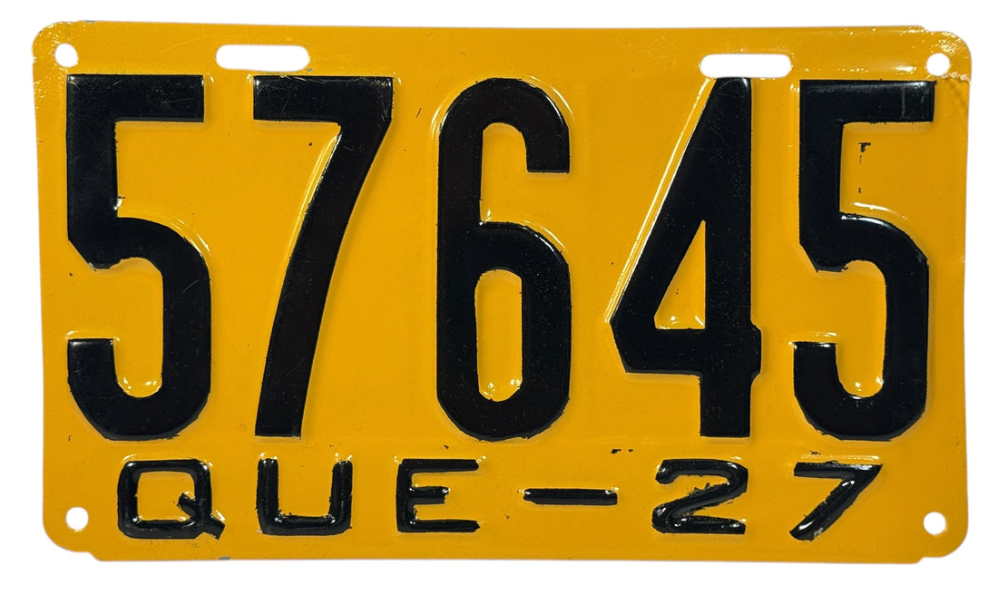 Vintage 1927 Quebec license plate restored in yellow and black. Steel embossed automobilia décor for garage, bar or man-cave. 