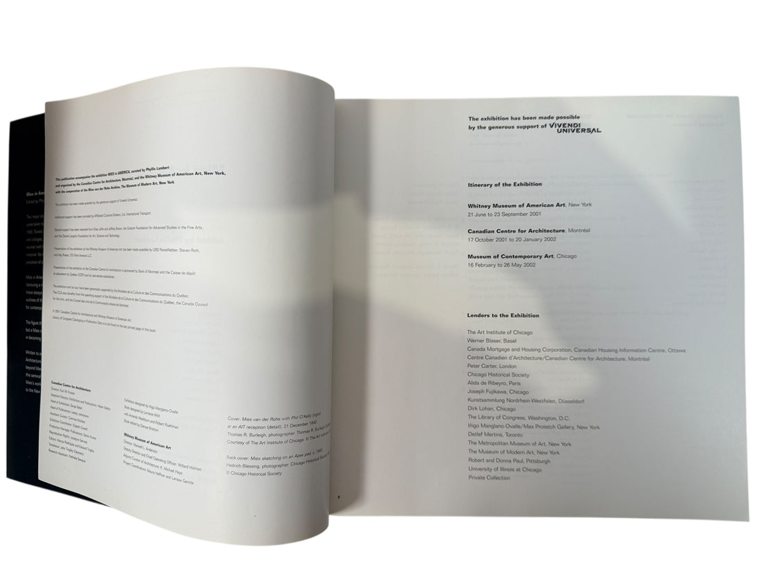 Exhibition catalog on Mies van der Rohe’s American work. Edited by Phyllis Lambert. Published by CCA &amp; Whitney. Modernist architecture monograph.