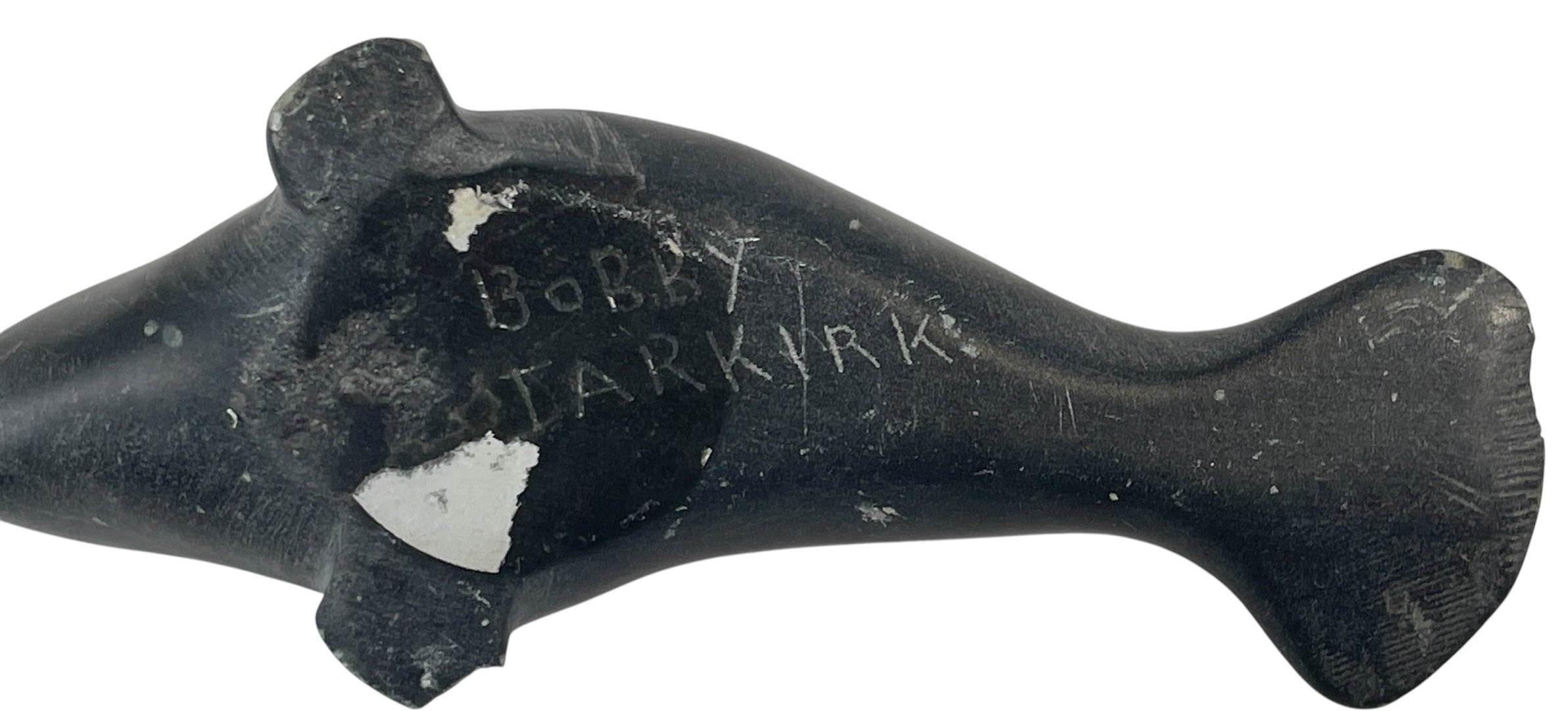 Hand-Carved Inuit Soapstone Beluga Whale – Signed by Bobby Tarkirk