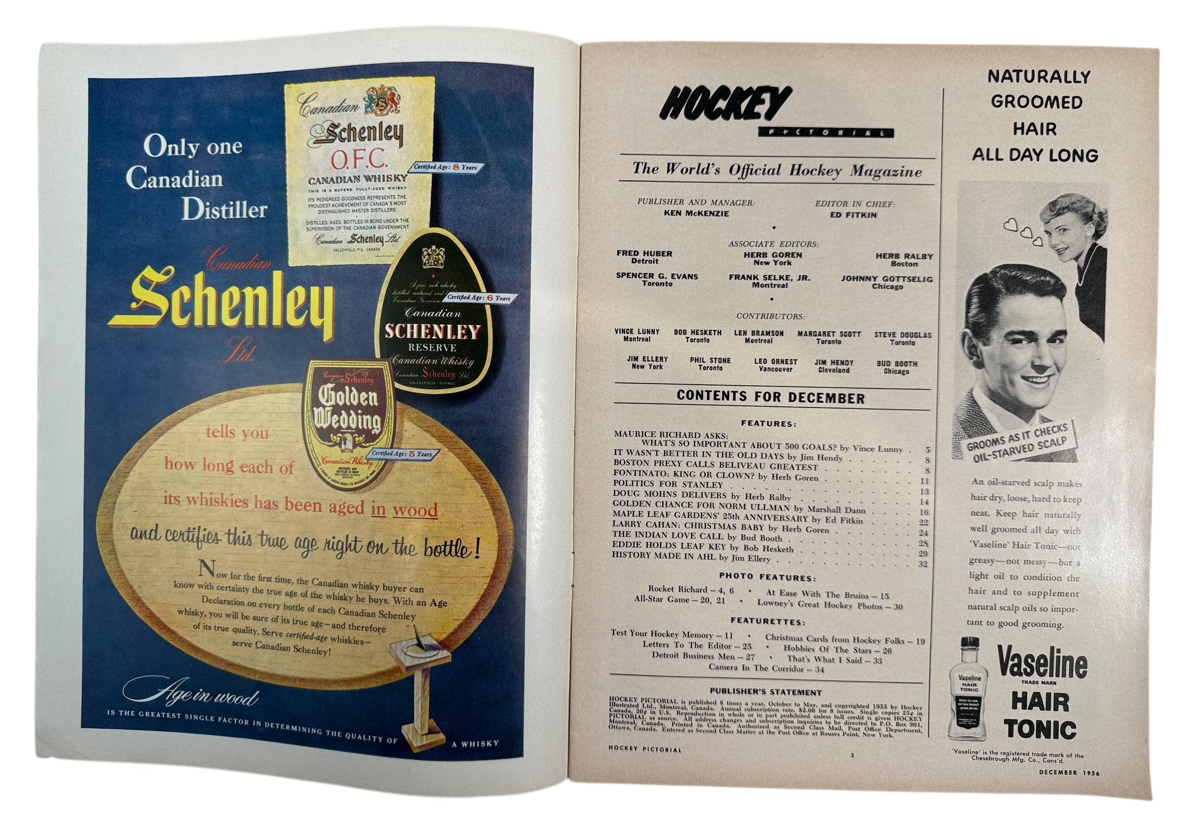 Open magazine with vintage advertisements, including a Schenley beer ad and Vaseline hair tonic ad.