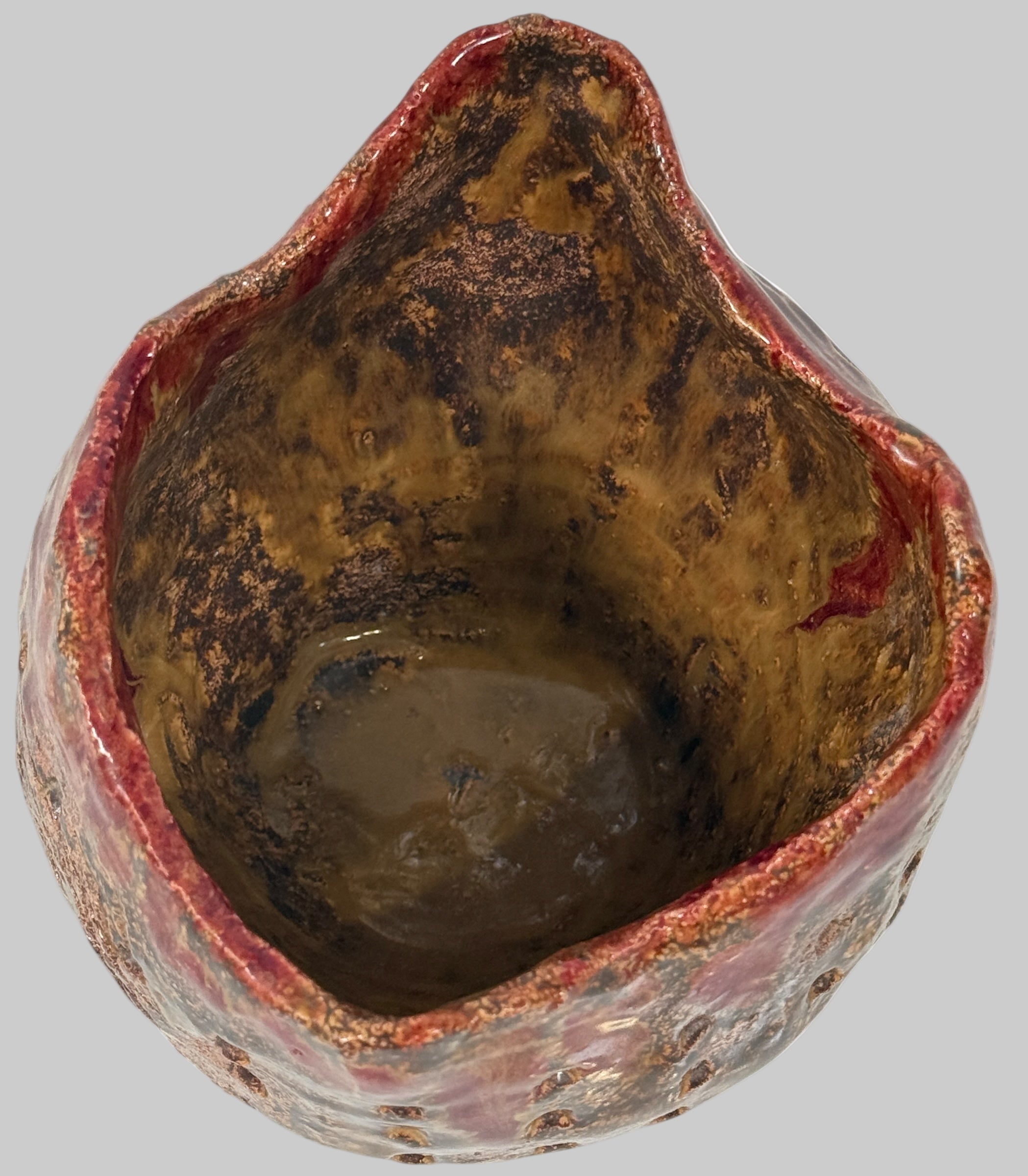 Vintage Canadian Studio Pottery Vase – Signed Claire, Textured Brown with Red Drip Glaze