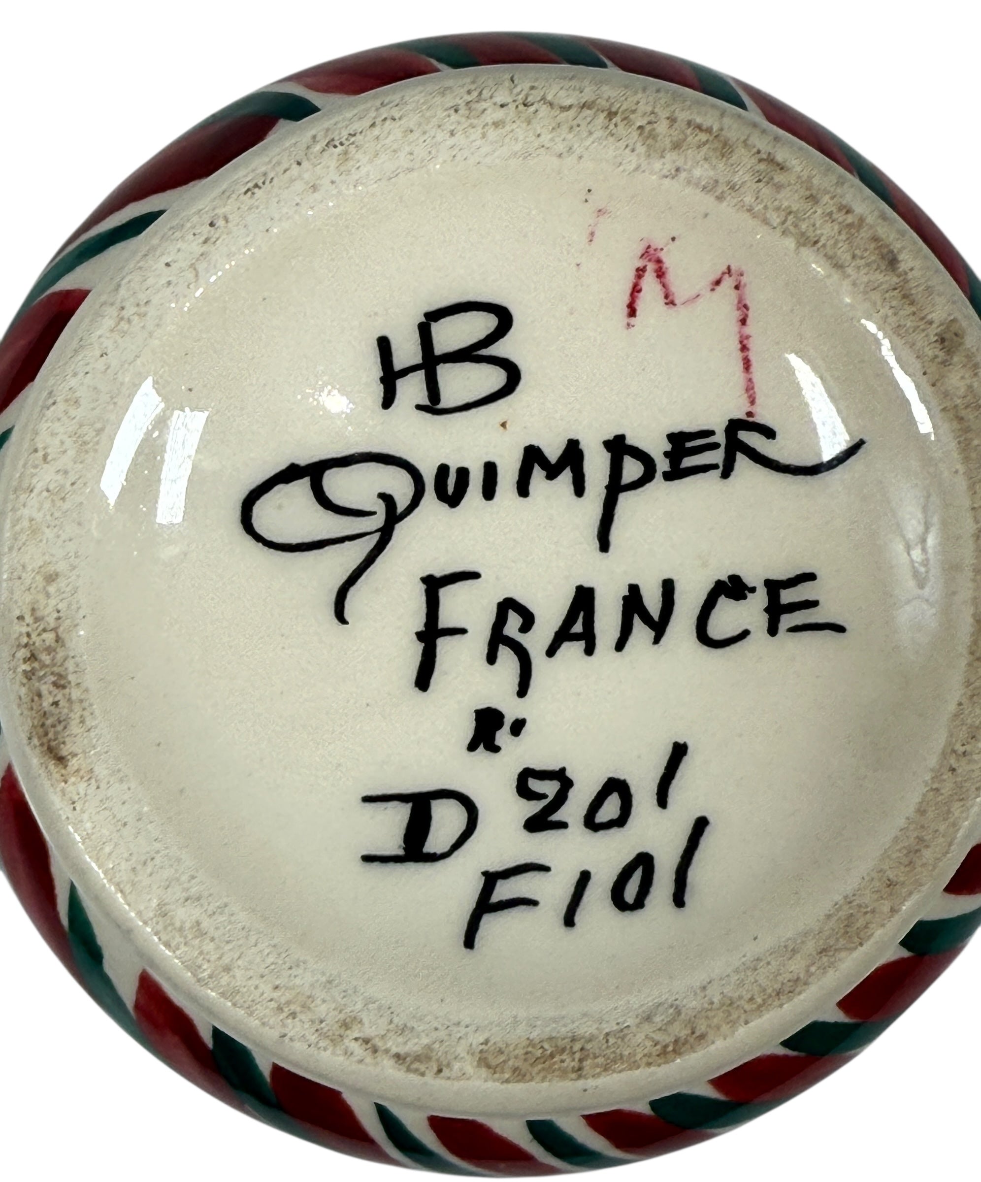 Ceramic vase with 'HB Quimper France' and other text on a white background