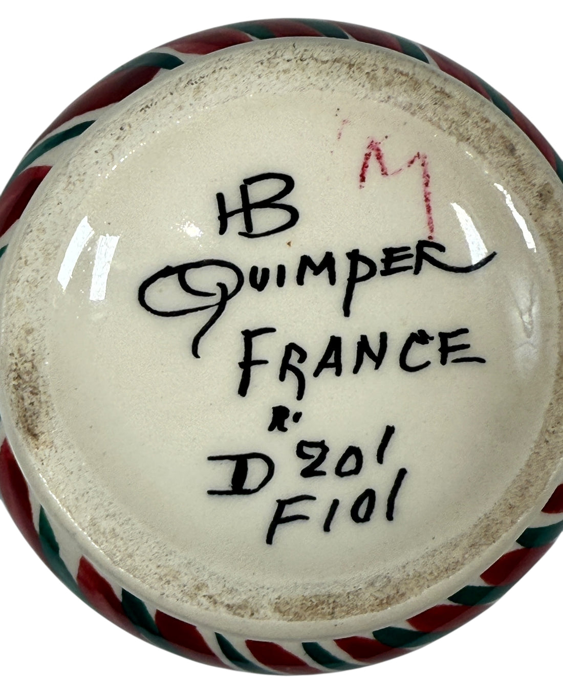 Ceramic vase with 'HB Quimper France' and other text on a white background