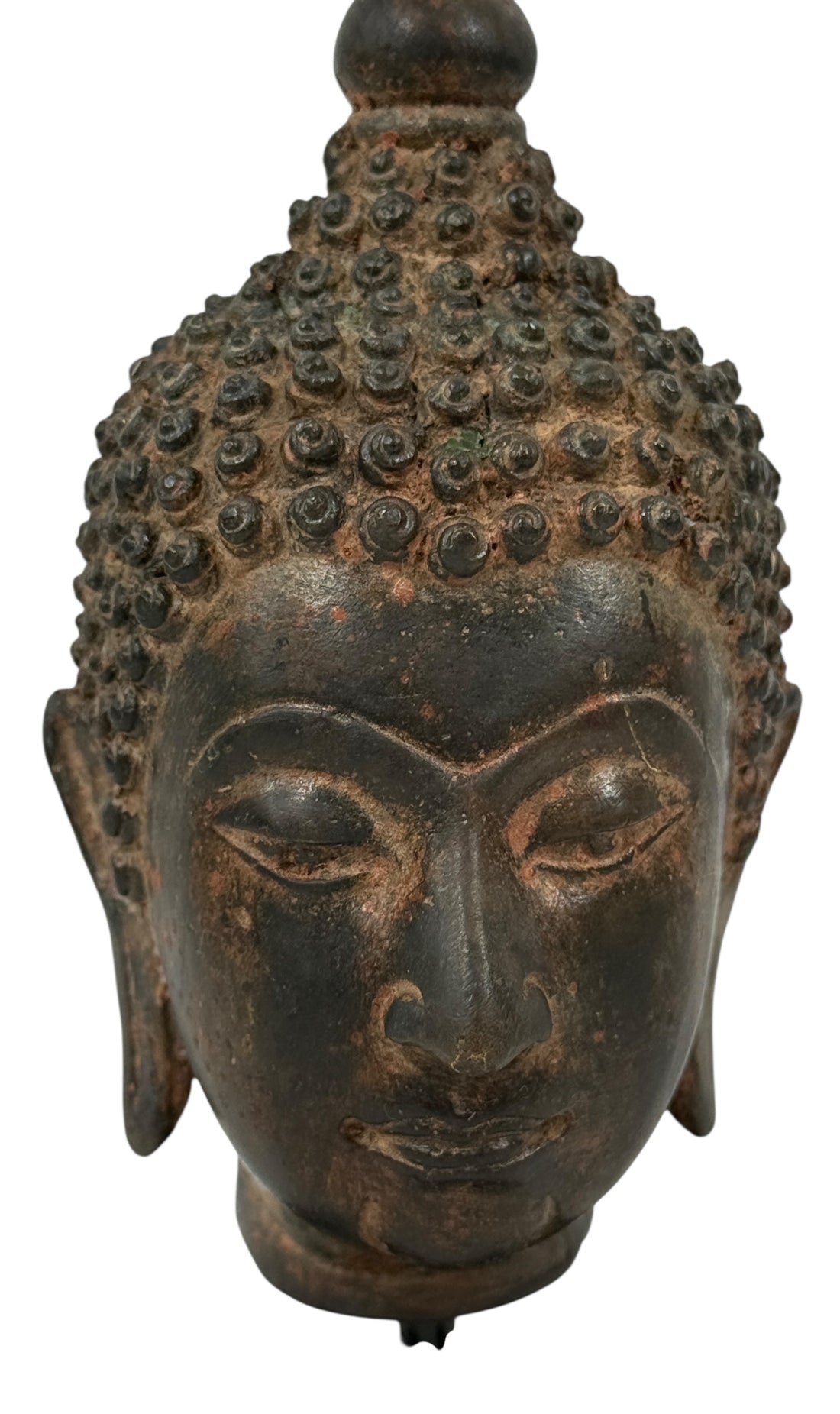 Bronze Buddha head sculpture on a white background