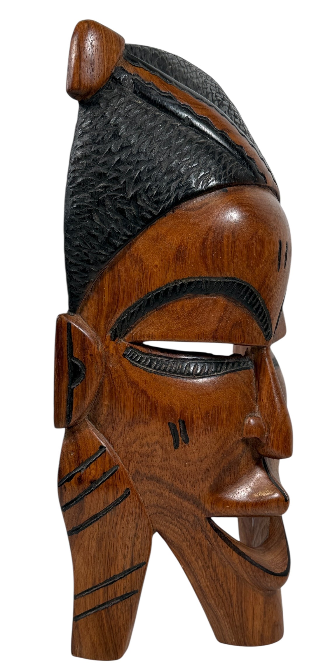 Hand-carved African wooden mask, 15″ tall, Ghana origin. Authentic tribal-style folk art wall décor. Excellent condition, solid wood.