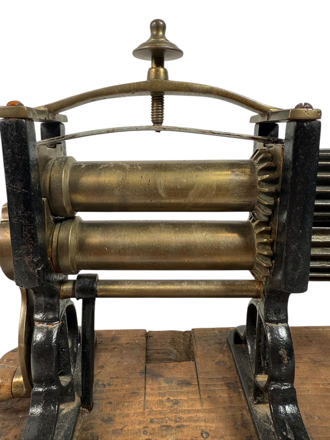 Antique 19th-century brass &amp; iron fluting iron pleater with wood base. Beautiful Victorian textile tool—collector’s décor from Eco Depot Montreal.