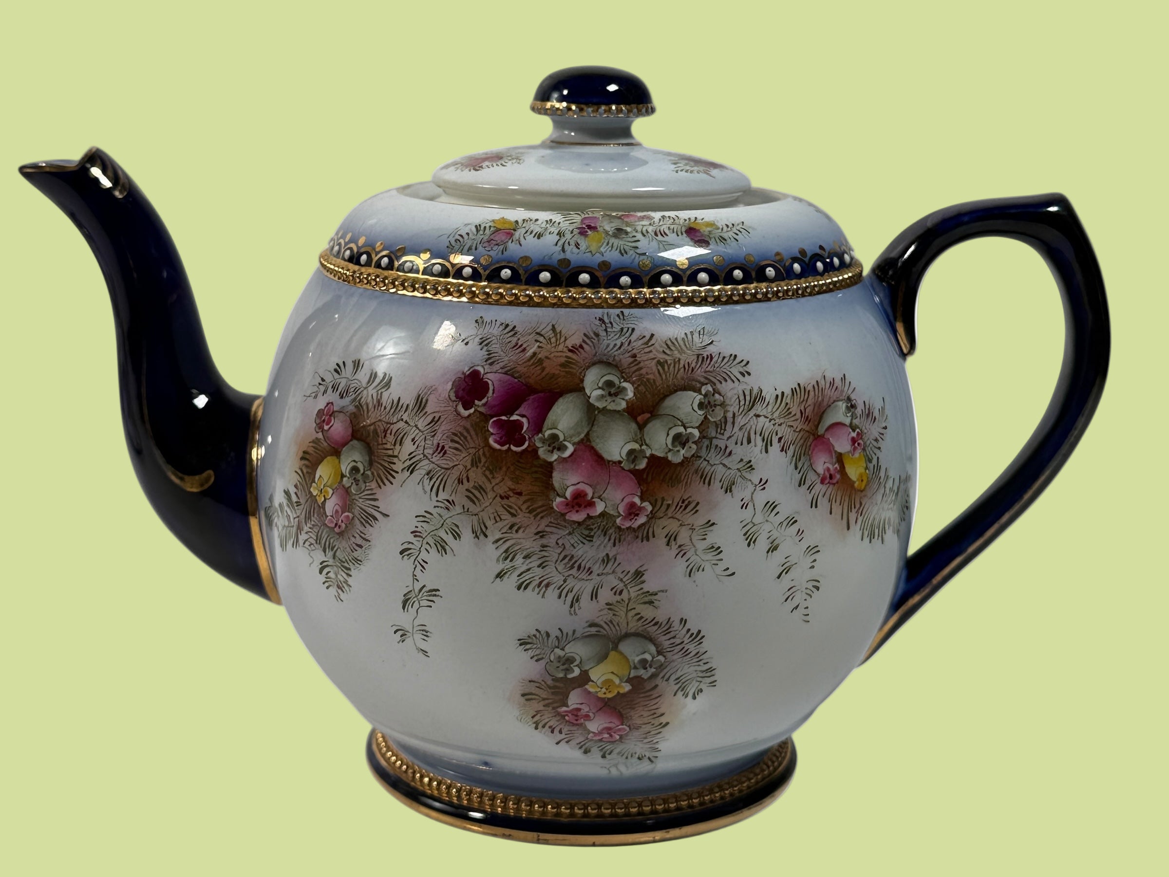 Antique W&amp;R Carlton Ware tea set RN 488460 – hand-painted cobalt floral gilt trio, Stoke-on-Trent England, 1910–1925, genuine silver-lined teapot.
