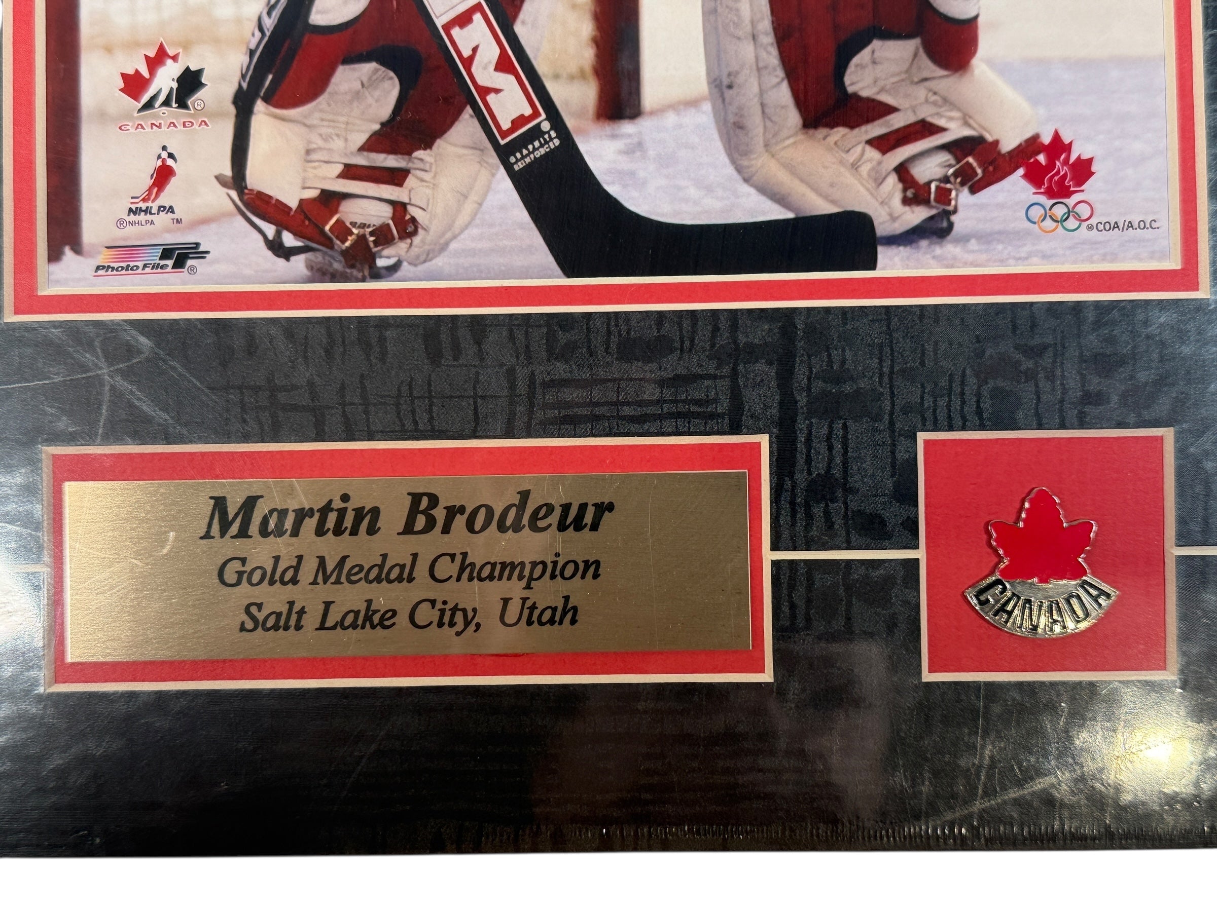 Martin Brodeur 2002 Team Canada Gold Medal Champion Photo File print – licensed Olympic hockey collectible plaque, sealed, excellent condition.