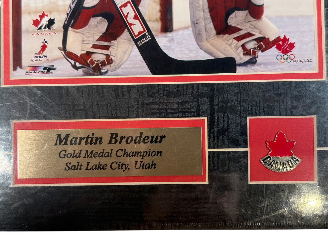 Martin Brodeur 2002 Team Canada Gold Medal Champion Photo File print – licensed Olympic hockey collectible plaque, sealed, excellent condition.