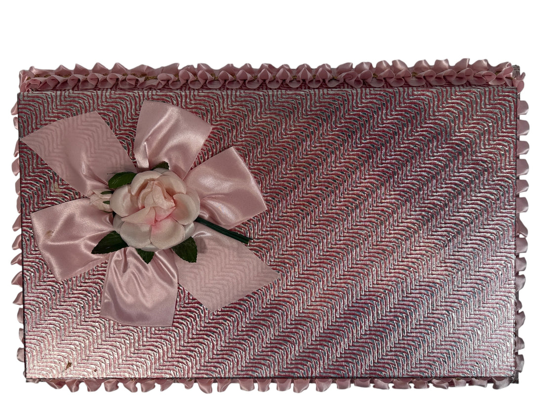Vintage Claude vanity set with mirror, brush &amp; comb in original pink satin box. Elegant 1950s dressing table décor collectible.