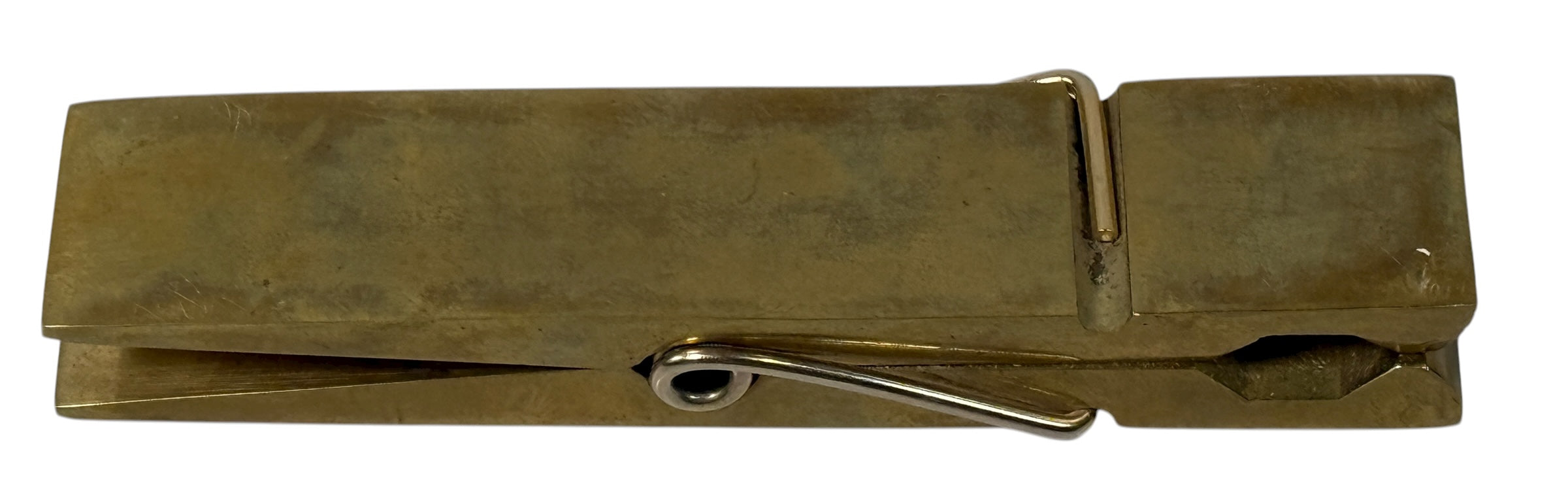 Vintage 1970s brass oversized clothespin clip with colorful enamel inset—5¾″ desk paperweight or décor accent. Mid-century modern charm.