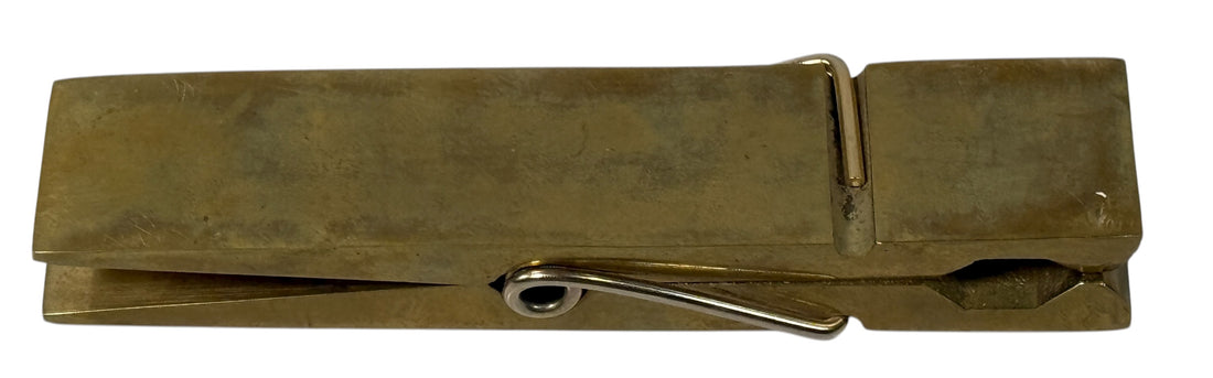 Vintage 1970s brass oversized clothespin clip with colorful enamel inset—5¾″ desk paperweight or décor accent. Mid-century modern charm.