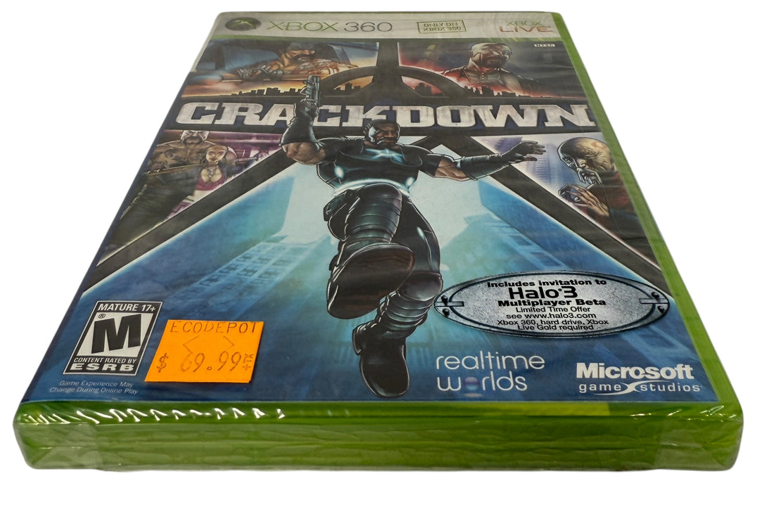 Sealed 2007 Xbox 360 Crackdown with Halo 3 Beta invite. Rare first-release collectible, mint in shrink wrap. Ships fast from Montreal.