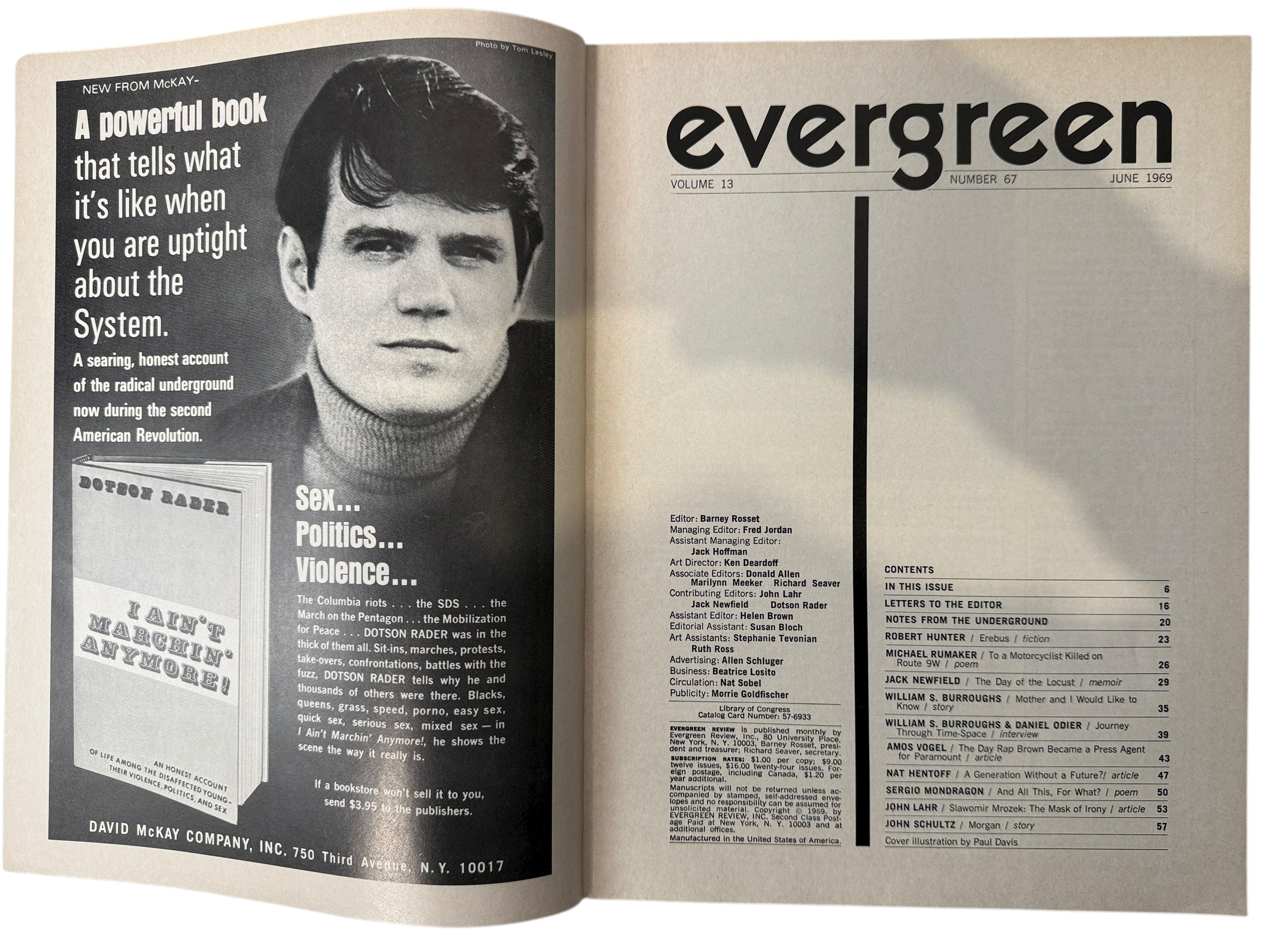 1969 Evergreen Review magazine featuring Robert F. Kennedy cover by Paul Davis. Classic counterculture issue with Burroughs, Hentoff &amp; Lahr.