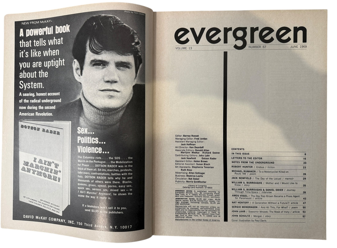 1969 Evergreen Review magazine featuring Robert F. Kennedy cover by Paul Davis. Classic counterculture issue with Burroughs, Hentoff &amp; Lahr.