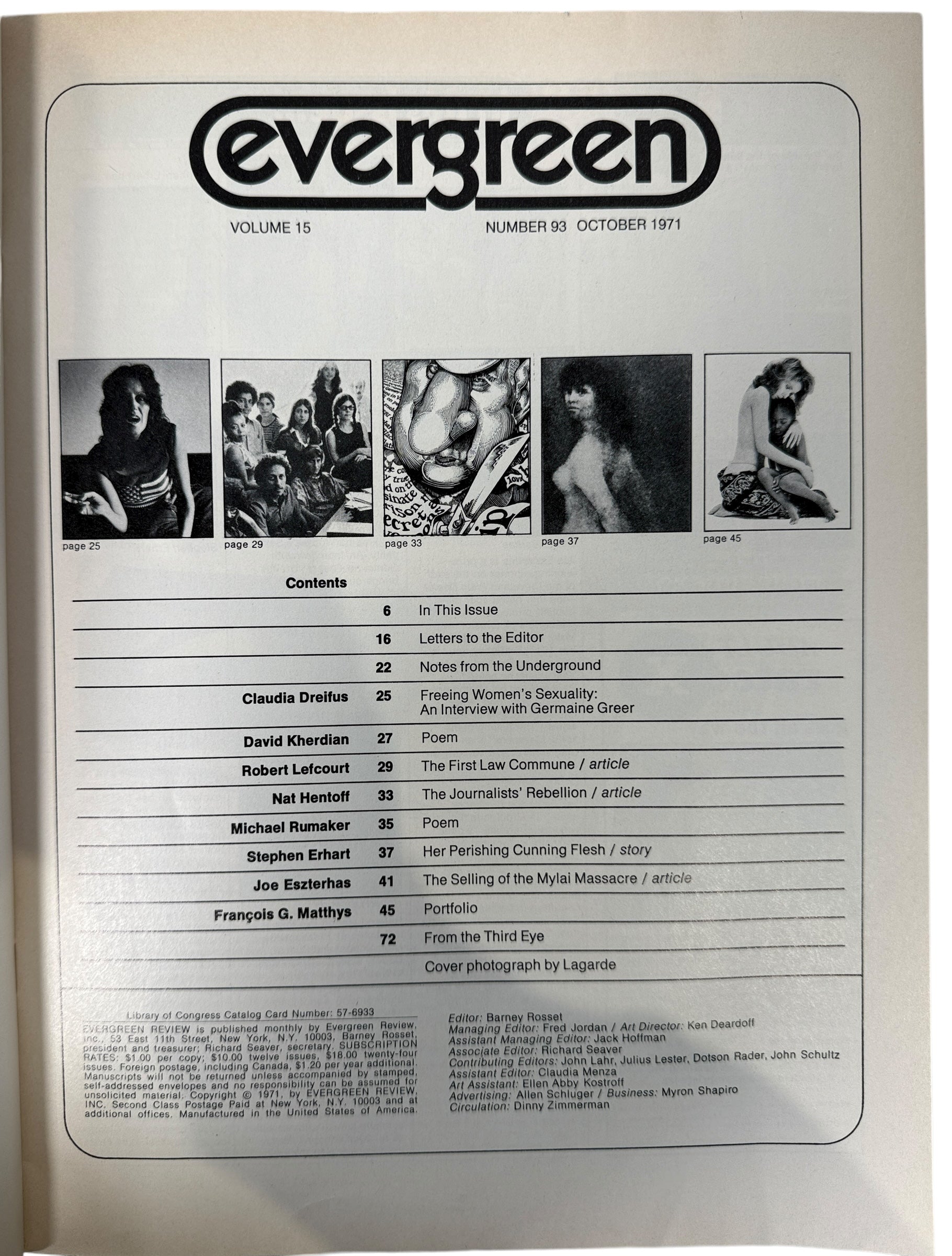 Evergreen Review No. 93 (Oct 1971) with Germaine Greer interview and My Lai feature. Vintage Grove Press issue in good condition, key 1970s feminist collectible.
